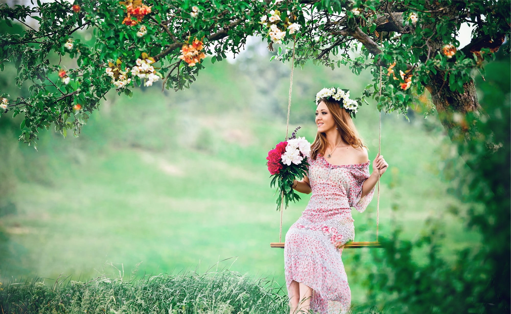 hair, beautiful people, dress, one person, 1080P, model, young adult, flowers, Asian, happiness, flower, flowering plant, beauty, women outdoors, brunette, HD Wallpaper