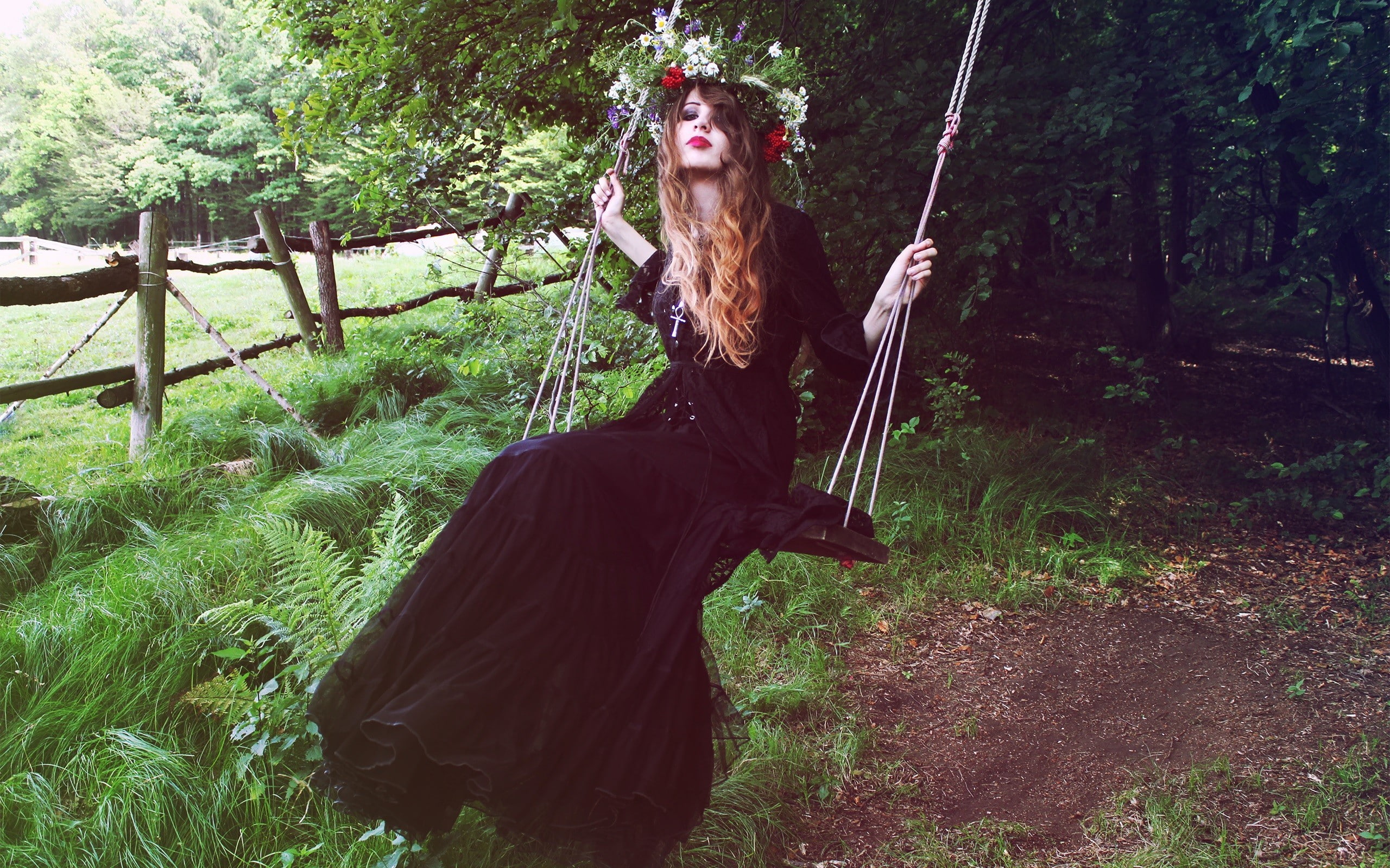 swings, 2K, women, goths, wreaths, alternative subculture, black dress, Gothic, women outdoors, HD Wallpaper