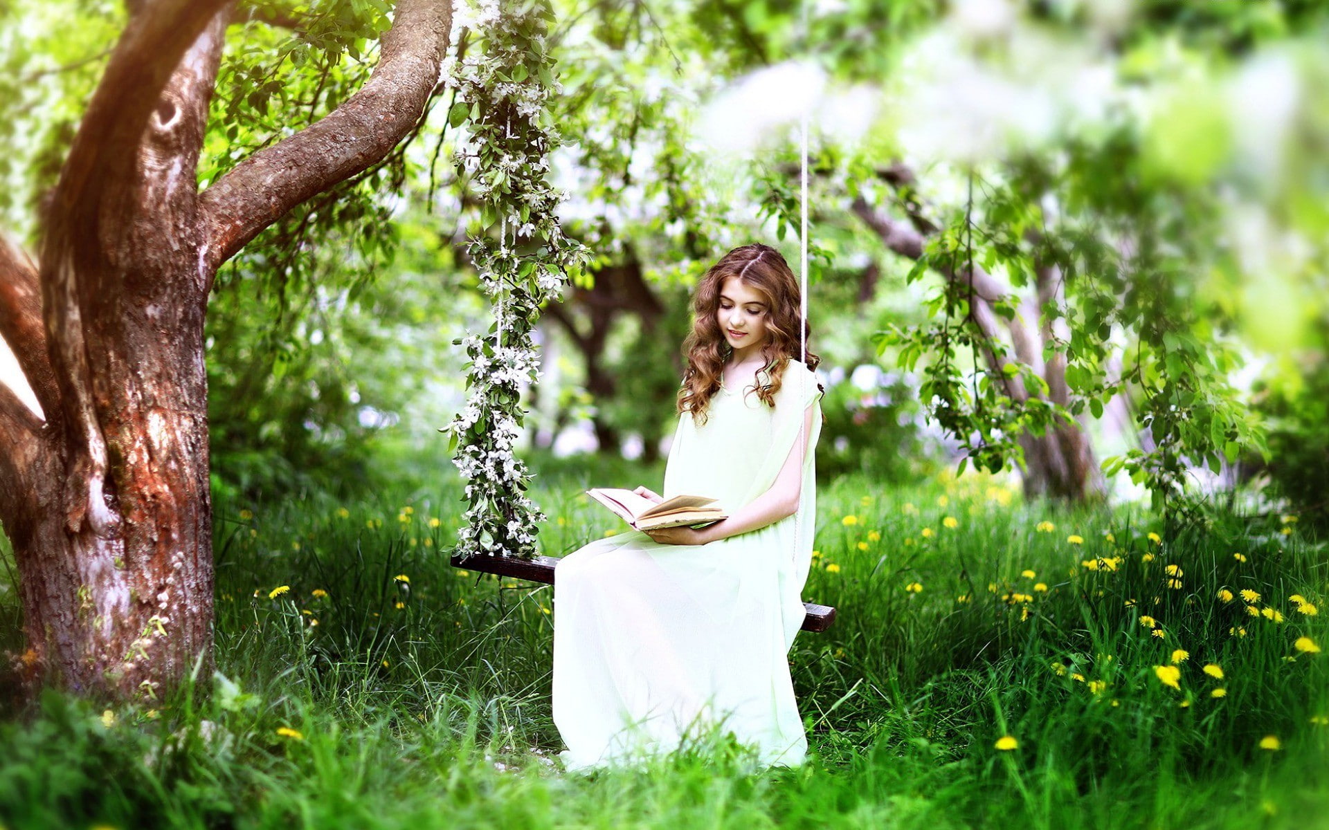 white dress, women outdoors, reading, rope swing, 1080P, long hair, women, brunette, long skirt, HD Wallpaper
