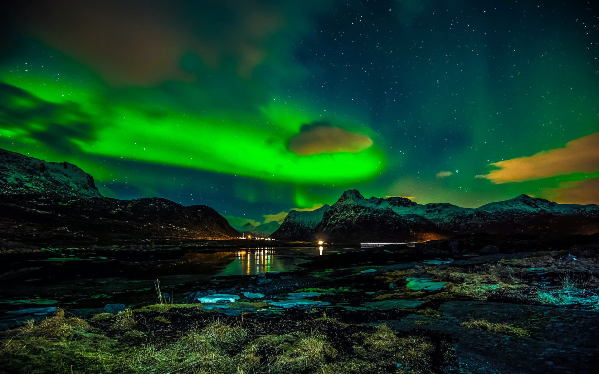 landscape, tranquil scene, dramatic sky, illuminated, beauty in nature, 1080P, night, nature, astronomy, environment, scenics - nature, green, no people, HD Wallpaper
