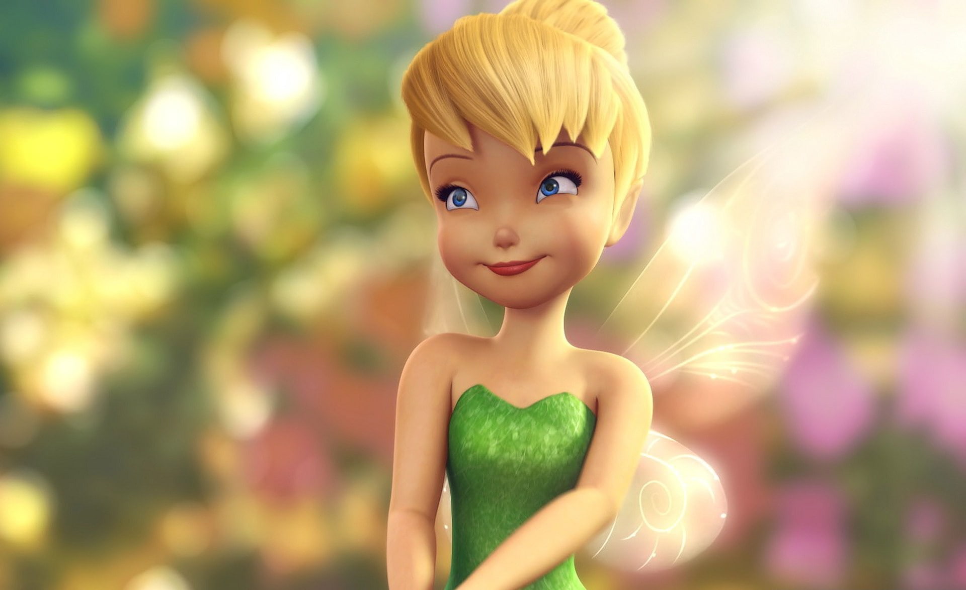 green color, beauty, Tinker Bell, portrait, Tinkerbell, 1080P, smiling, toy, focus on foreground, Cartoons, Movie, looking at camera, childhood, standing, HD Wallpaper