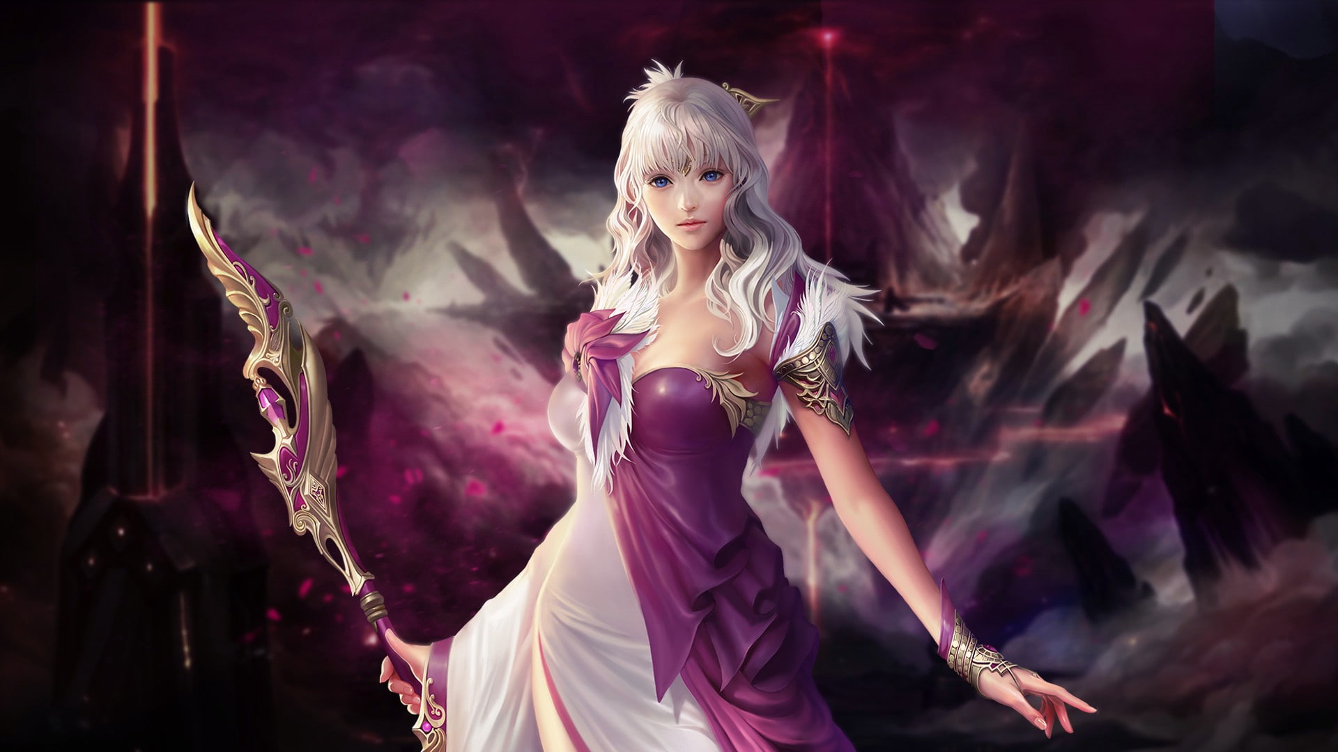 PC Gaming, Scepters, dust, Fantasy Weapon, dress, Long Hair, video games, Cabal II, 1080P, women, Vulcan, blue eyes, cabal, Violet Hair, Mmorpg, HD Wallpaper