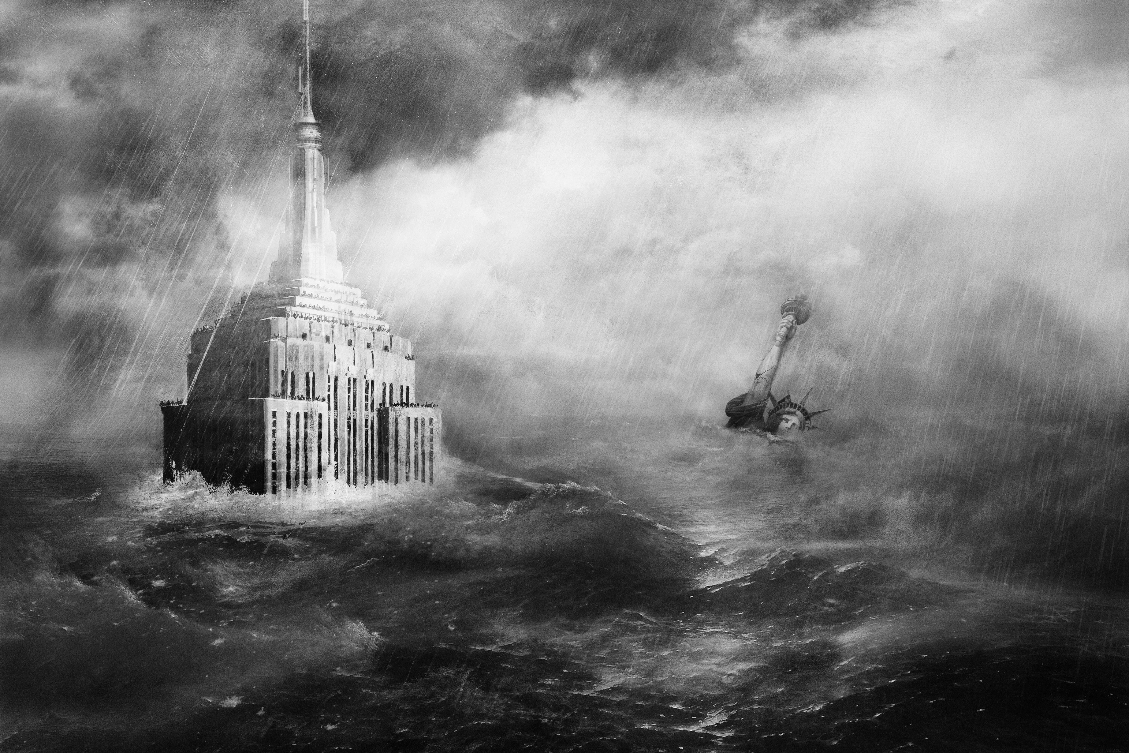 the statue of liberty, disaster, water, rain, skyscraper, 2K, the end of the world, empire street building, flood, HD Wallpaper