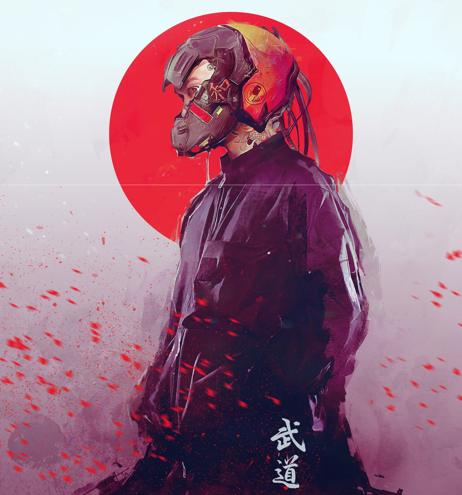 standing, cyberpunk, illustration, side view, circle, anime, character, young adult, water, science fiction, red, artwork, male, David Cottrell-Jones, digital art, Phone HD Wallpaper