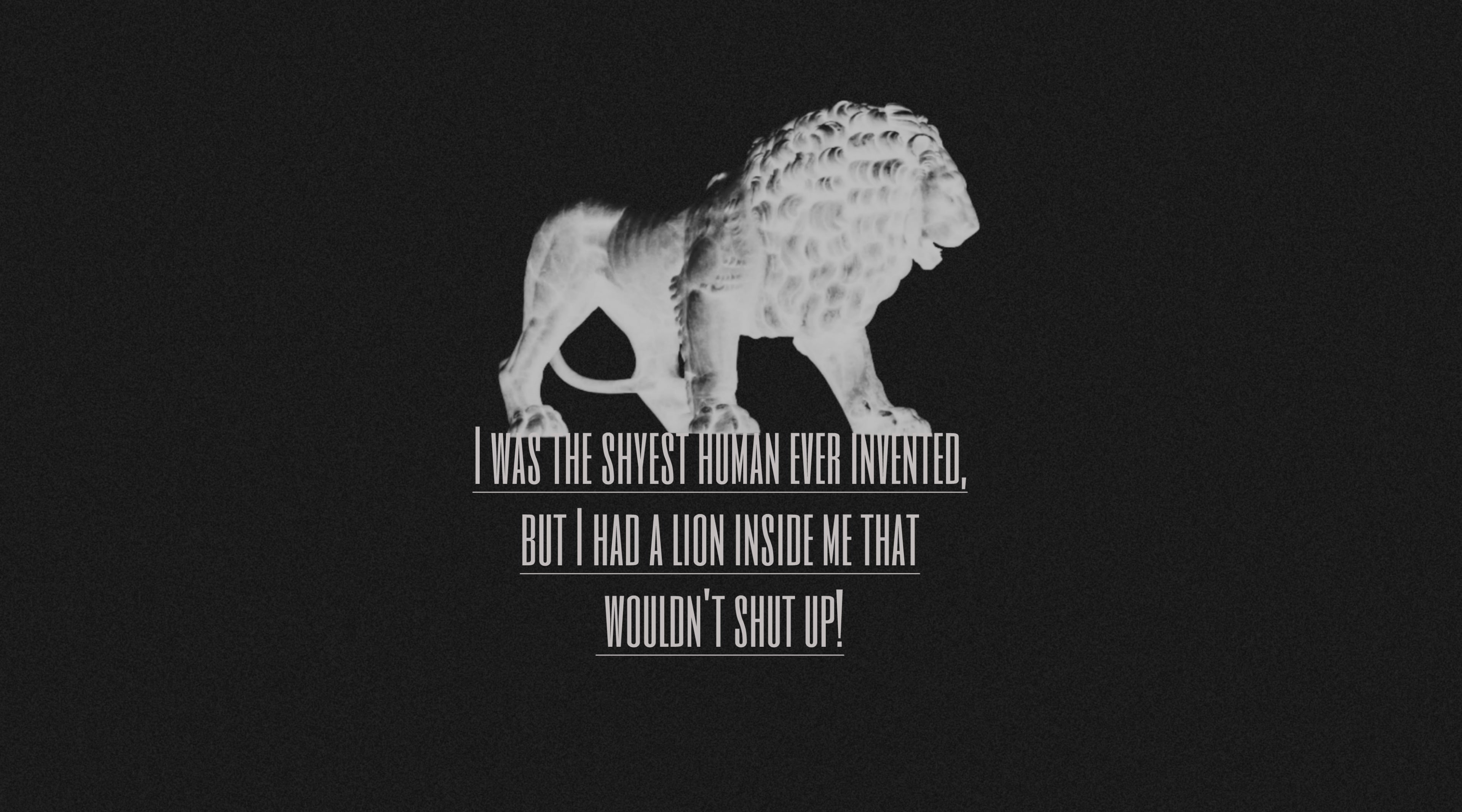 4K, still life, black background, quote, lion sculpture, one animal, western script, illustration, ingrid bergman, representation, sculpture, white, close-up, HD Wallpaper
