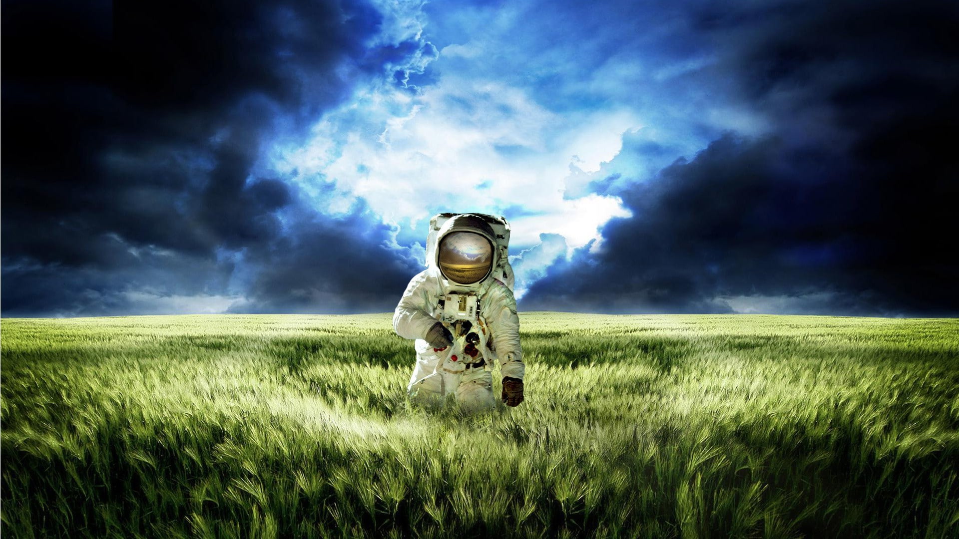 1080P, clouds, Spikelets, Photo Manipulation, gloves, helmet, field, nature, digital art, Space Suit, astronaut, HD Wallpaper