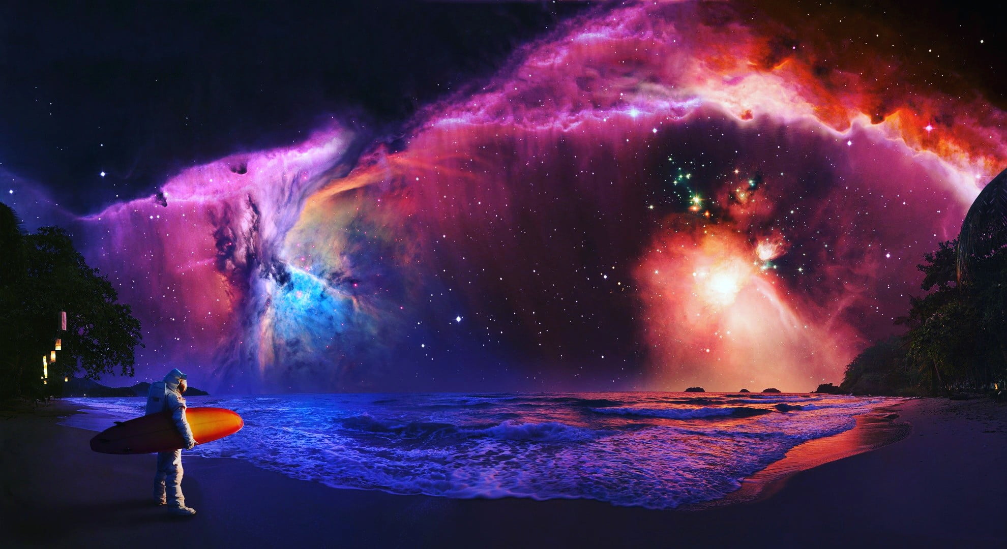 standing, space, man, outdoors, night, illuminated, beach, astronomy, sky, artwork, land, water, beauty in nature, fantasy art, rear view, 1080P, astronaut, HD Wallpaper