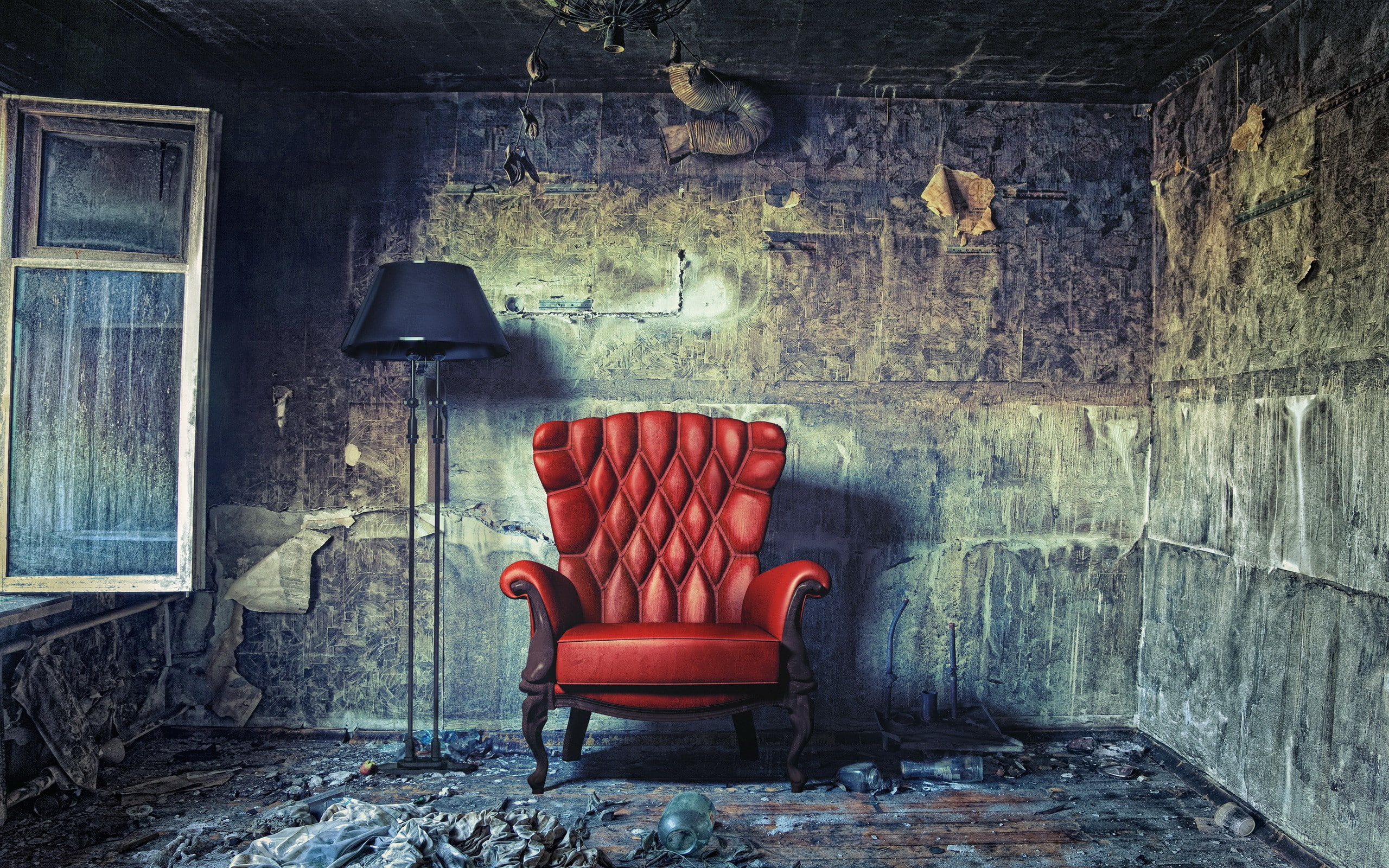 Red, 2K, light, window, chair, room, HD Wallpaper