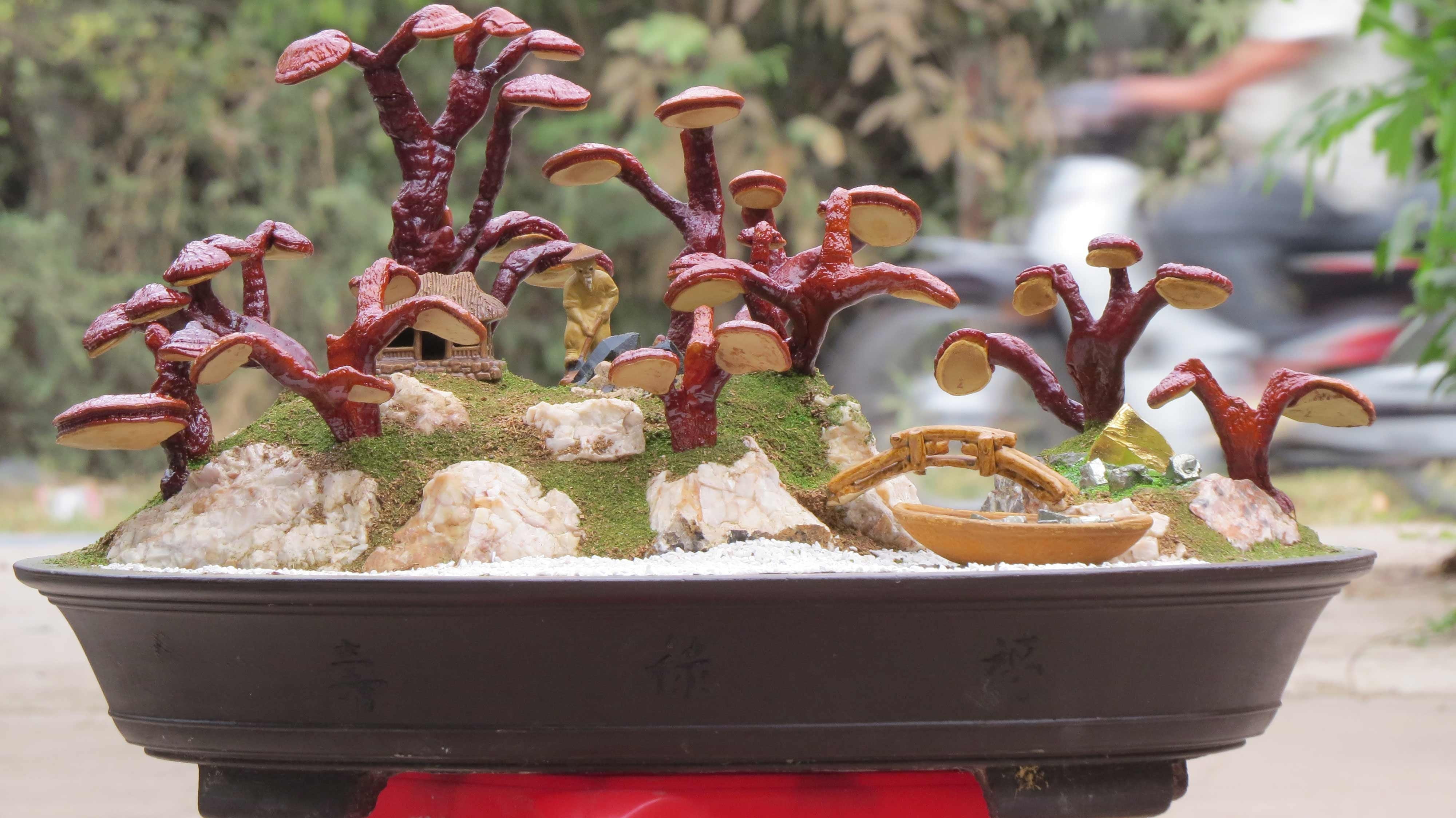 4K, decoration, plant, food and drink, tree, day, potted plant, art and craft, focus on foreground, outdoors, reishi landscape, flower pot, ganoderma lucidum land scape, HD Wallpaper