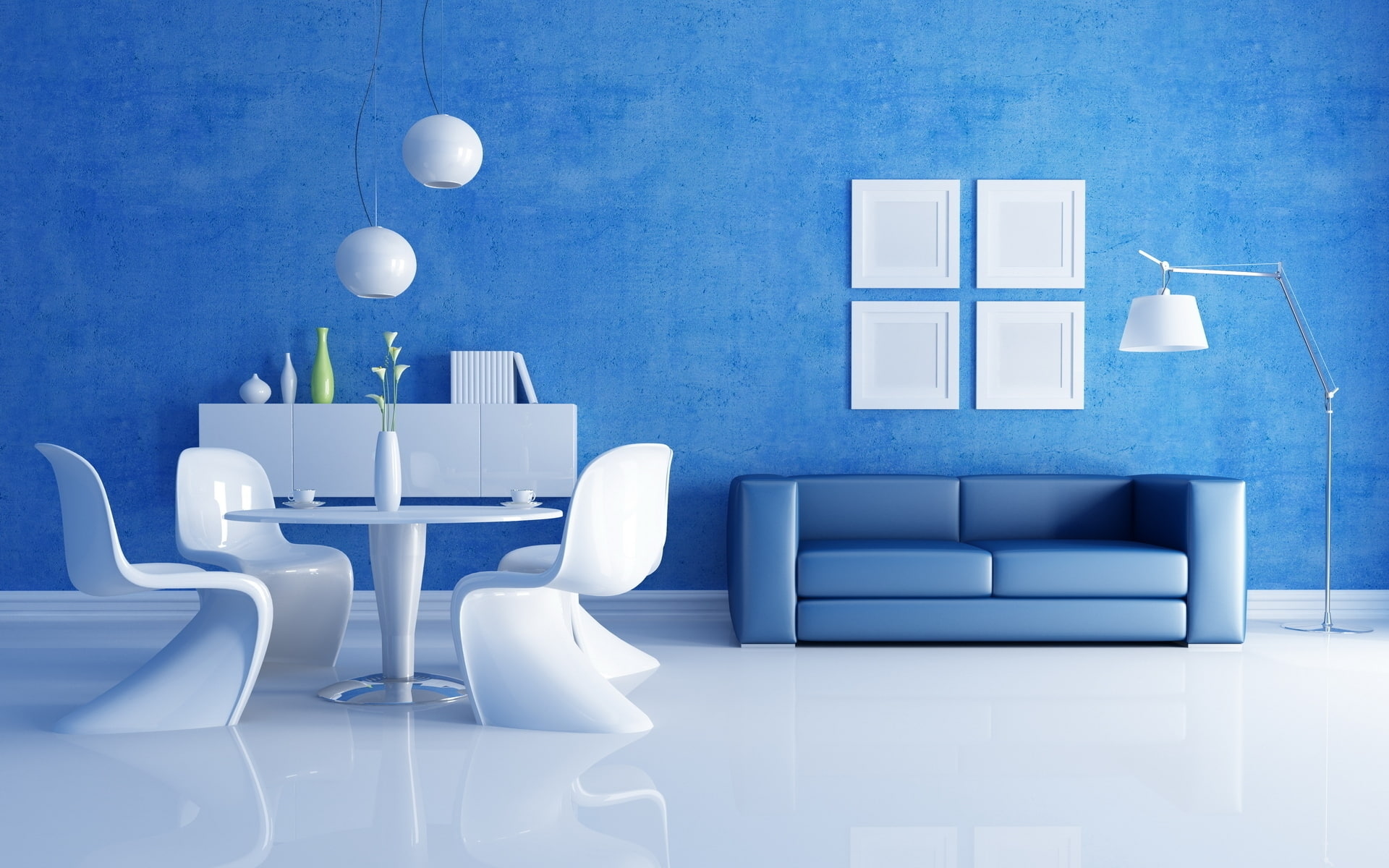 house, room, chairs, sofa, table, white, living, blue, 1080P, HD Wallpaper