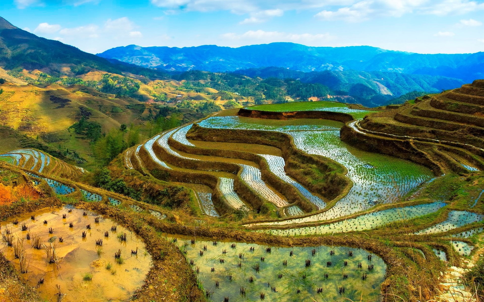 China, Mountains, Water, 1080P, Scenery, Terraces, Beautiful, HD Wallpaper