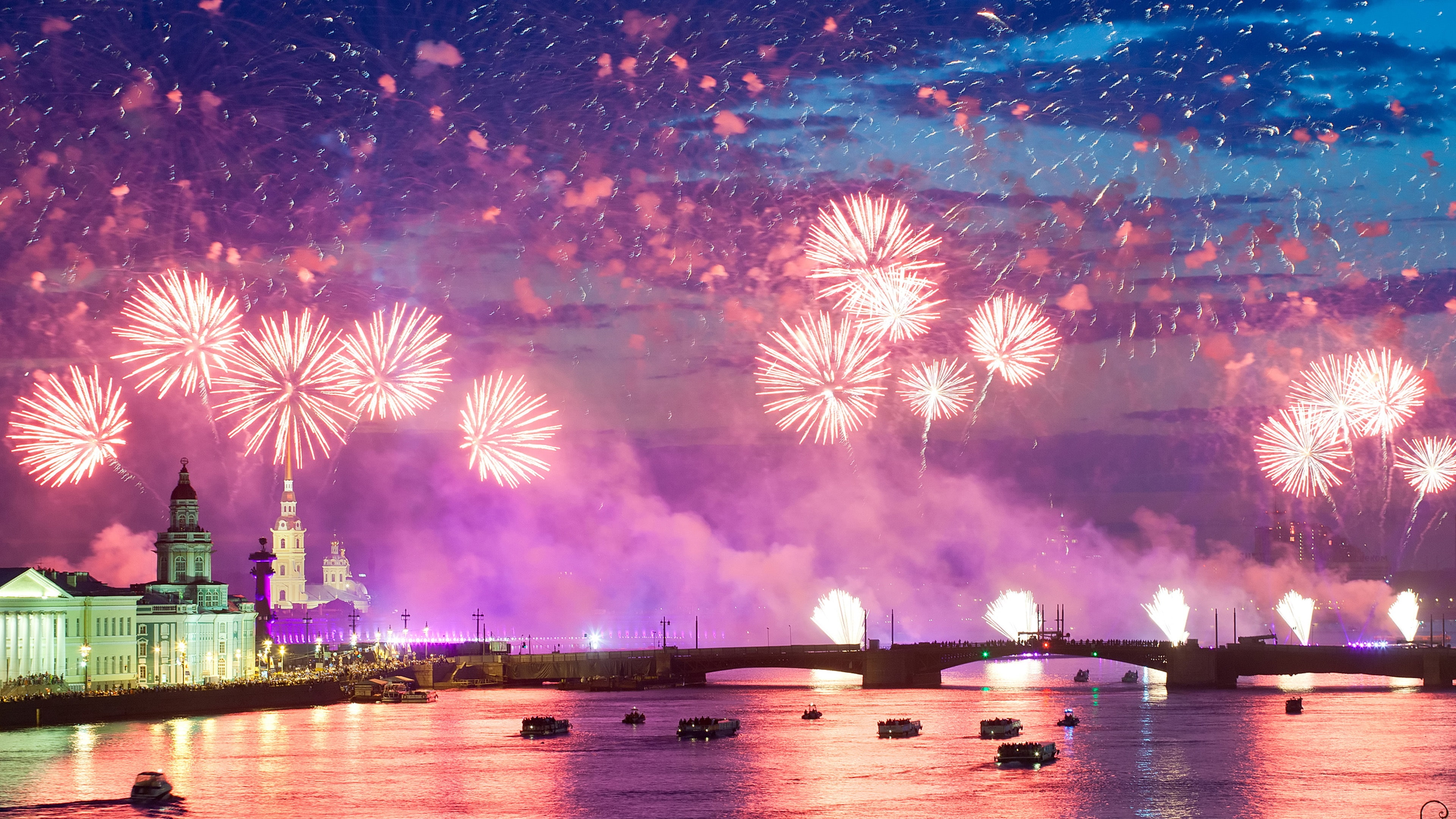 River, Night, City, Fireworks, Water, Colorful, 4K, Reflection, HD Wallpaper