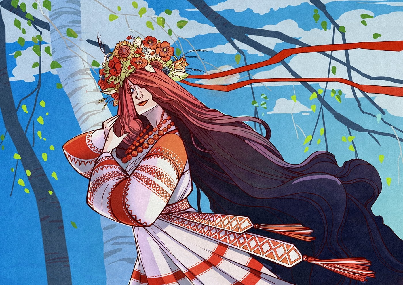 720P, orange, artwork, dress, Anna Marukhnich, birch, mantle, necklace, cyan, women, trees, blue, brunette, long hair, illustration, HD Wallpaper
