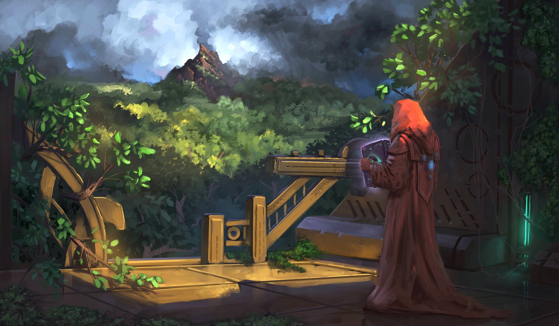 man, forest, book, 1080P, illustration, nature, trees, artwork, dark, mantle, hood, magic, Jeremy Adams, fantasy, gazebo, fantasy art, sorcerer, HD Wallpaper