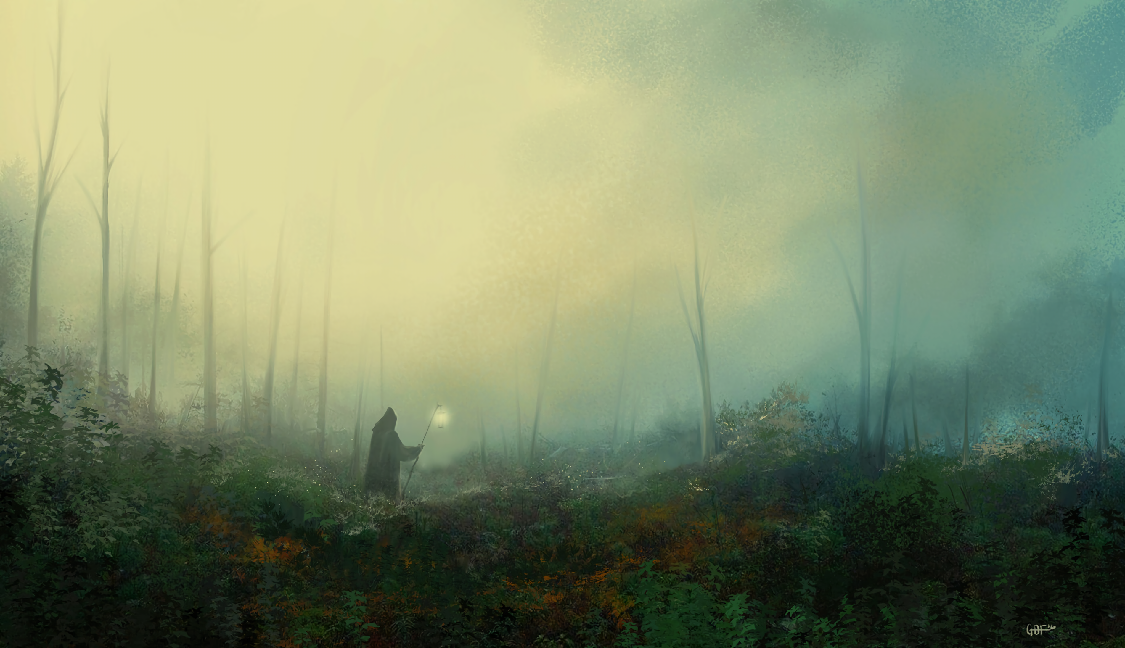 rear view, mystery, fog, wanderer, sky, one person, nature, lantern, woodland, plant, spooky, tranquility, outdoors, land, 2K, tranquil scene, solitude, HD Wallpaper