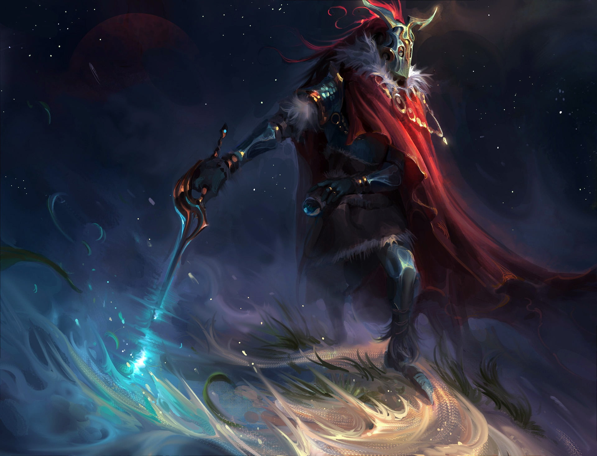 mantle, mask, space, cape, John Bragato, sword, cosmos, Warrior, fantasy art, armor, 1080P, stars, digital art, fantasy, artwork, HD Wallpaper