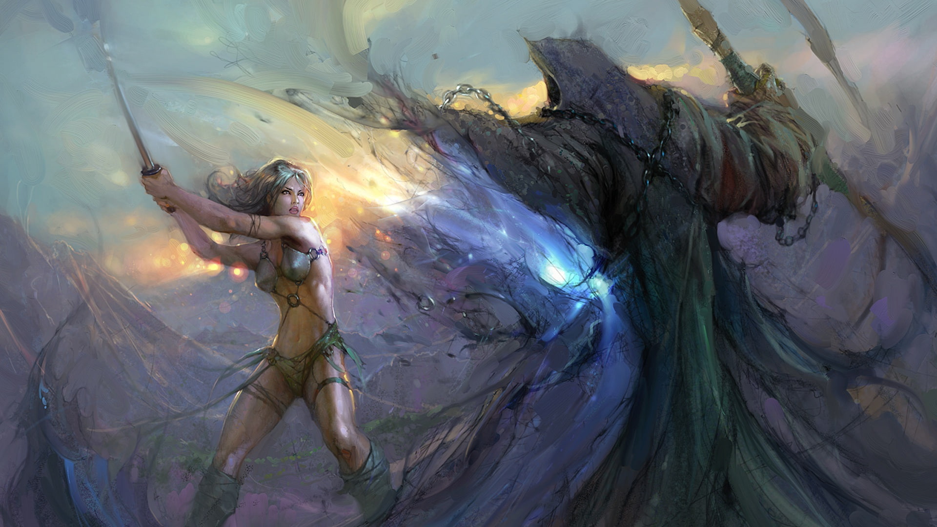 artwork, hood, sorcerer, magic, chains, mantle, fantasy art, illustration, Warrior, girl, painting, weapon, sword, light, magician, 1080P, drawing, fantasy, HD Wallpaper
