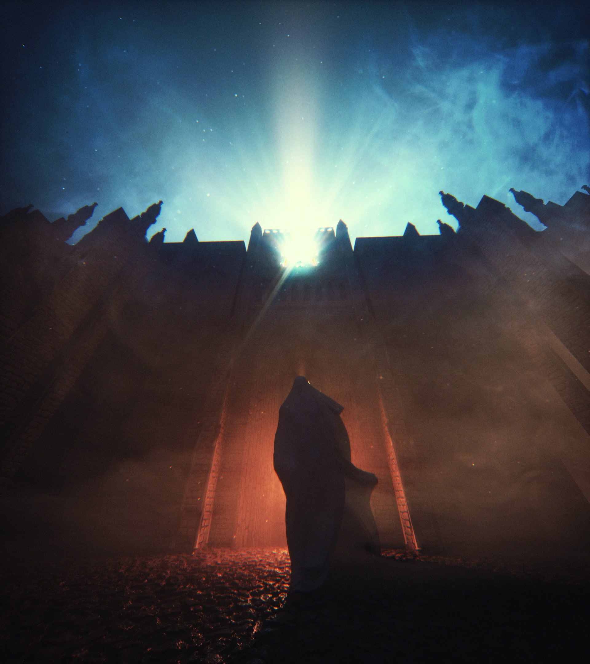 silhouette, night, mantle, 1080P, lights, fortress, Phone HD Wallpaper