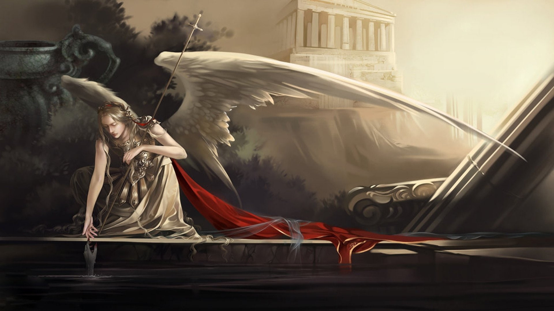 mantle, girl, angel, arts, fantasy, 1920x1080, red, woman, wings, 1080P, art, HD Wallpaper