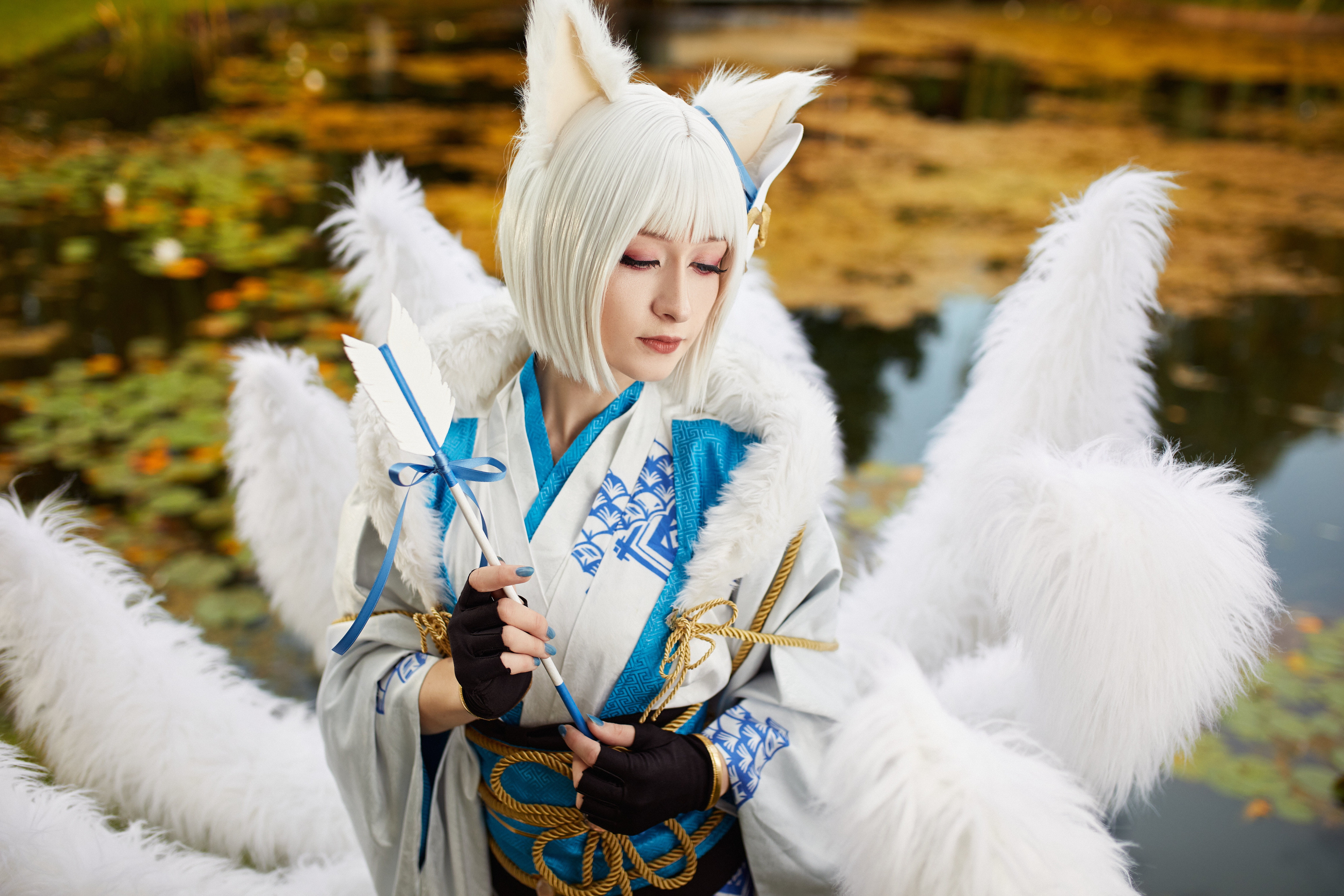 tail, cosplay, Kaga, Fox, 5K, girl, kimono, Azur Lane, HD Wallpaper