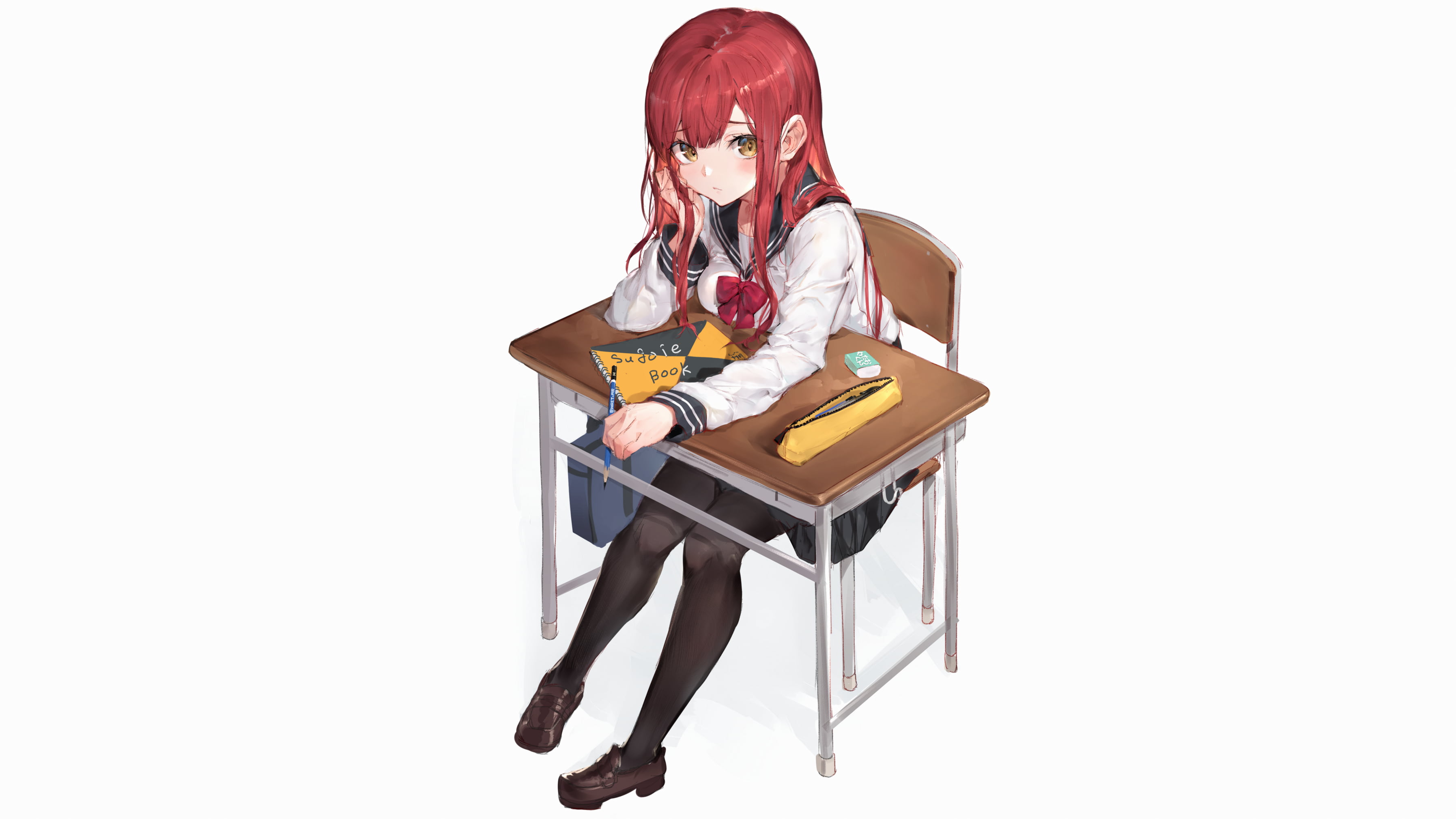 simple background, anime, redhead, chair, white background, sailor uniform, looking at viewer, original characters, anime girls, Wait_ar, digital art, 2D, HD Wallpaper