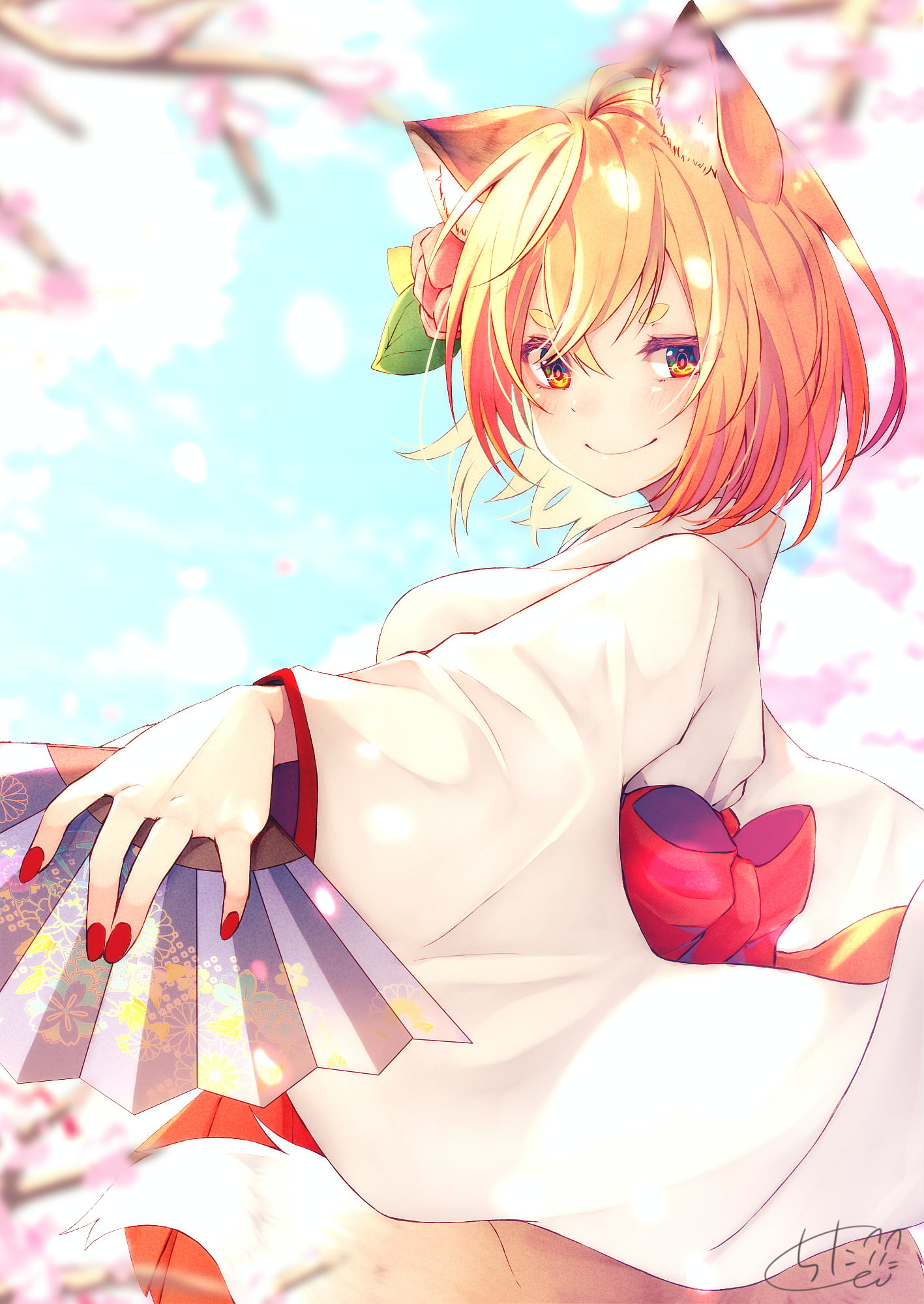 illustration, portrait display, spring, cherry blossom, original characters, fans, anime girls, bokeh, 1080P, looking at viewer, fox girl, foxy ears, kimono, Phone HD Wallpaper