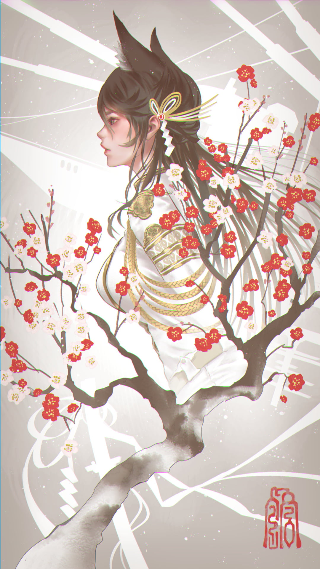 1080P, fox girl, Atago (Azur Lane), profile, fantasy art, women, branch, 2D, Military Uniform, anime girls, digital art, Azur Lane, cherry blossom, fan art, Phone HD Wallpaper