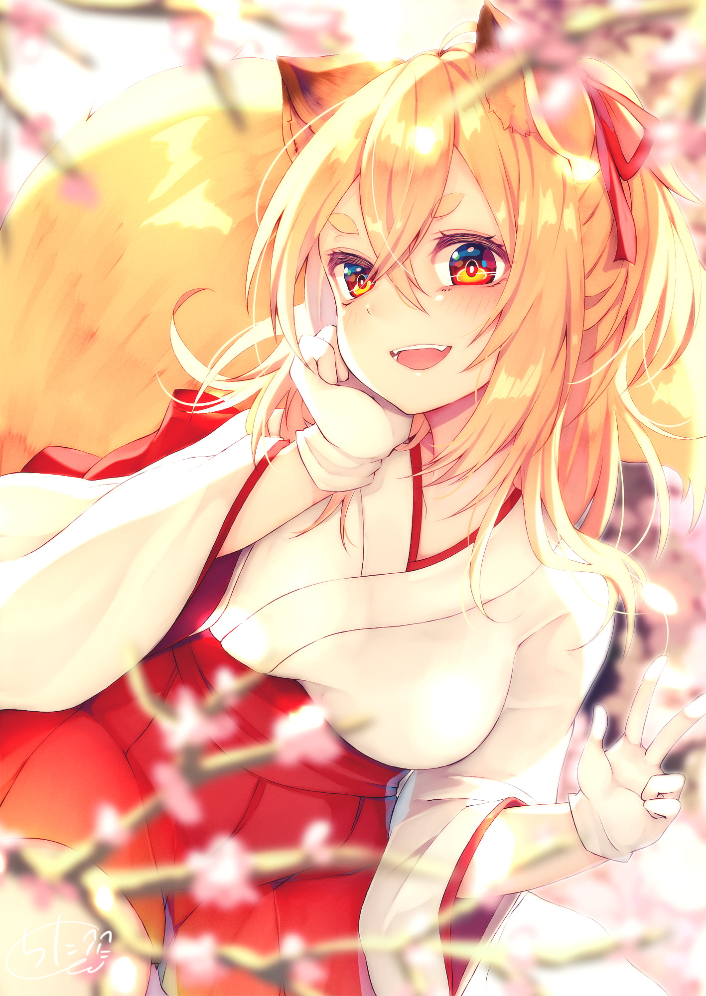 artwork, chita (ketchup), digital art, happy, fantasy girl, illustration, 2D, spring, fox girl, bokeh, cherry blossom, foxy ears, blonde, miko, blushing, Phone HD Wallpaper
