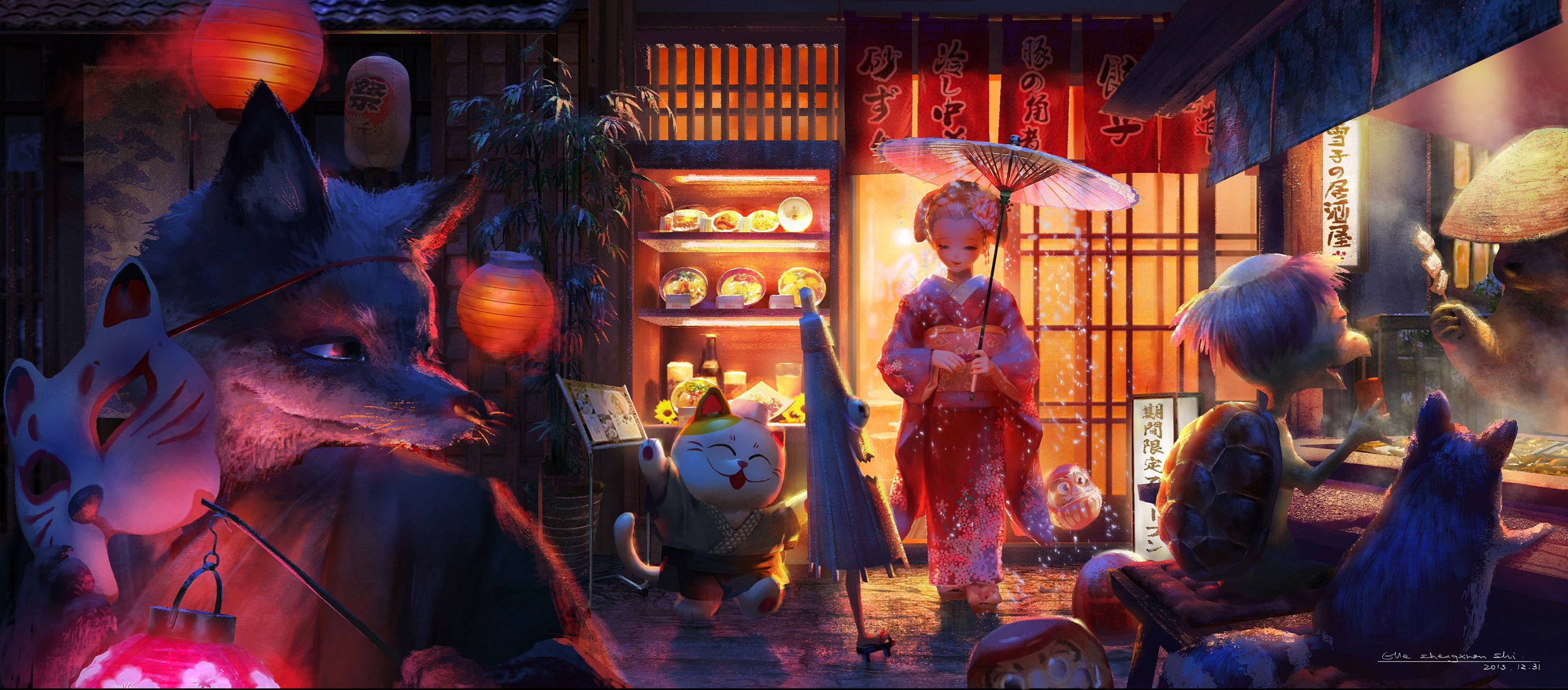 2K, food, mask, 2013 (Year), umbrella, anime, animals, fox, turtle, original characters, lantern, kimono, anime girls, HD Wallpaper