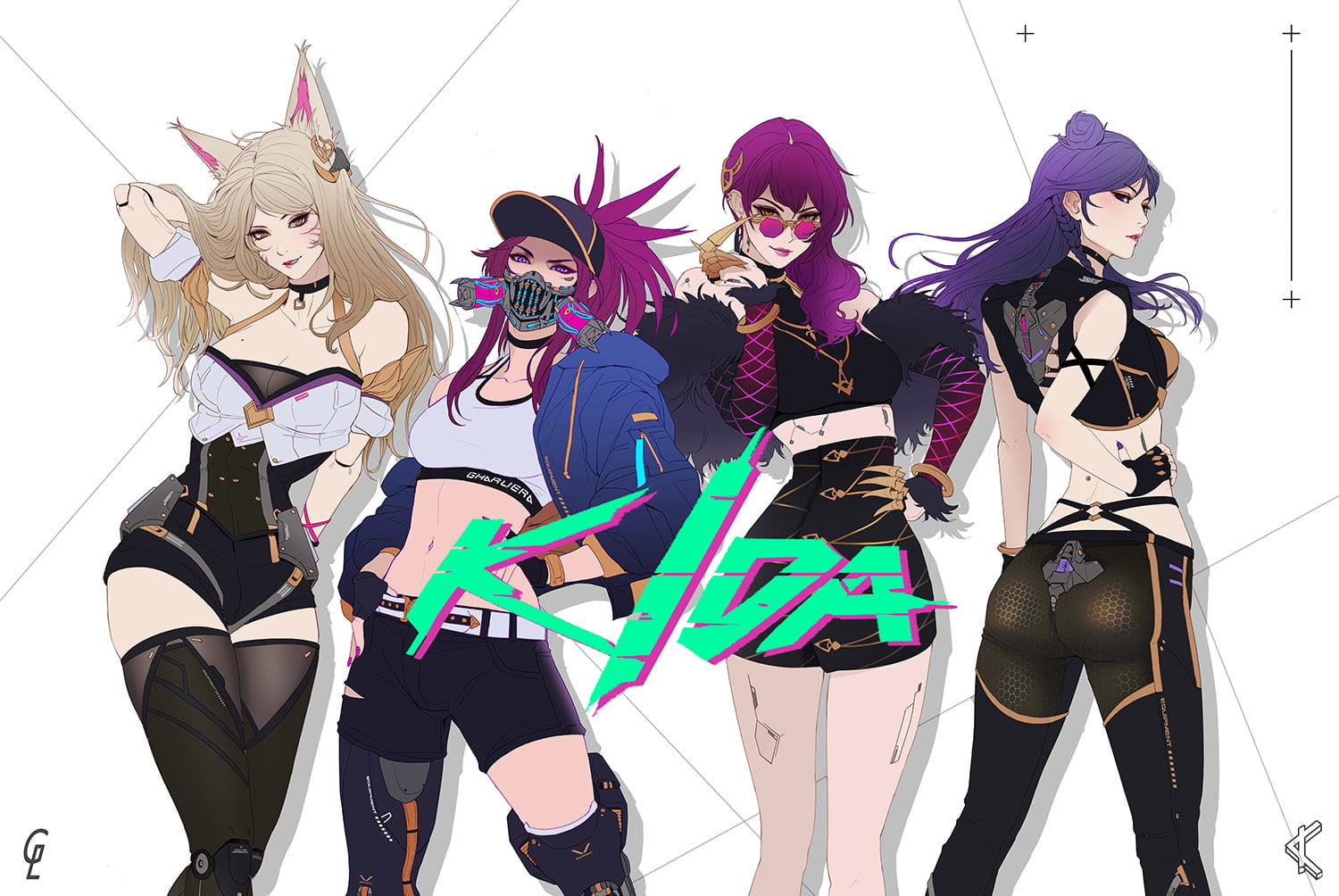 blonde, redhead, drawing, Akali(League of Legends), KaiSa (League of Legends), Park JunKyu, purple hair, Ahri (League of Legends), 720P, sunglasses, fox girl, HD Wallpaper