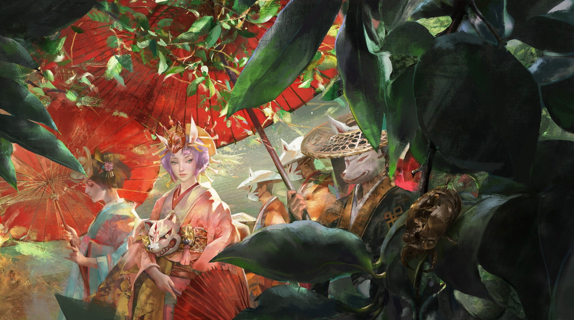 crown, red umbrella, green foliage, 1080P, by Amber, kimono, the procession, demon mask, werewolf, nine-tailed Fox, HD Wallpaper