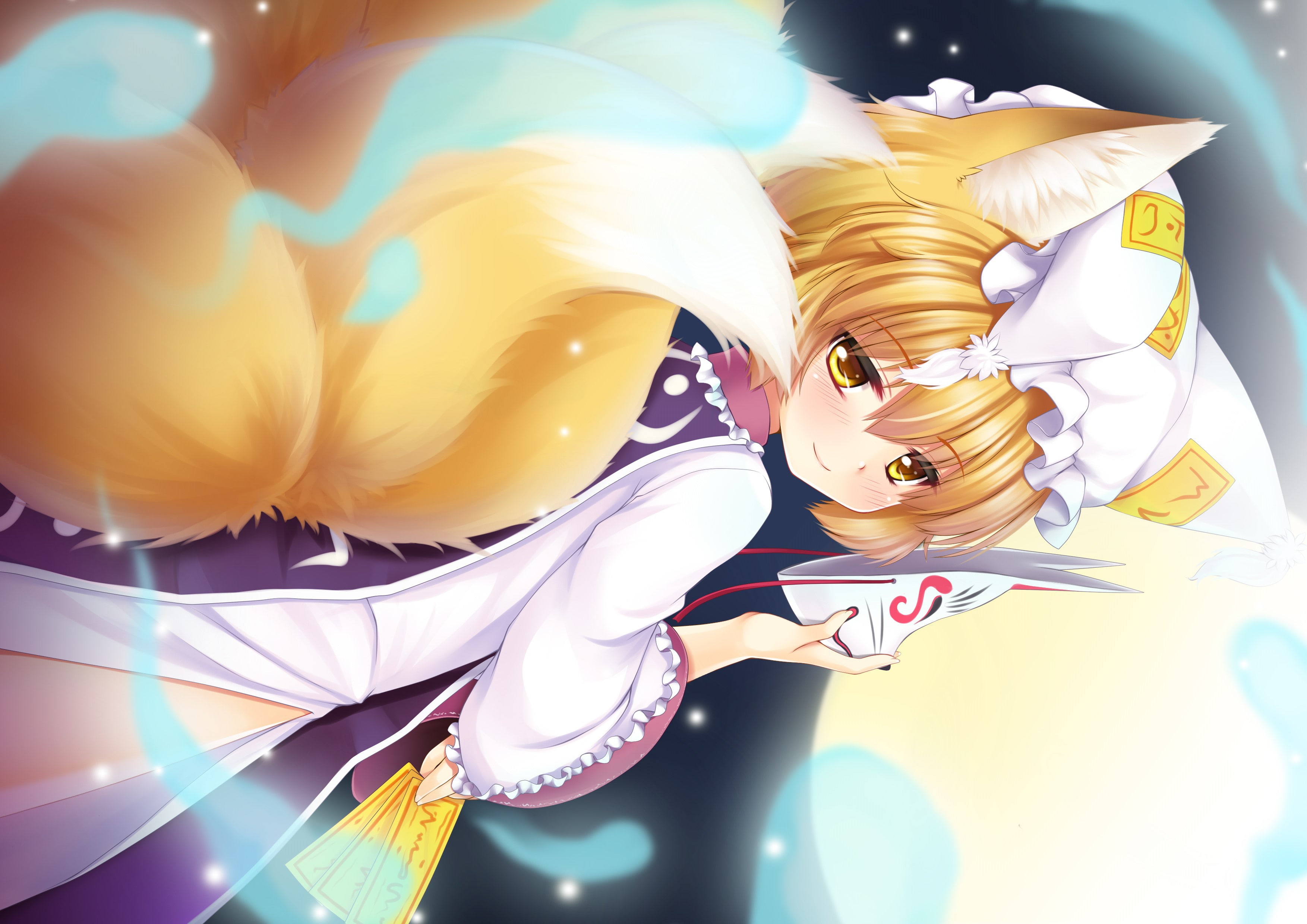 mask, Langlong, art, 2K, Yakumo Ran, Touhou Project, cap, print, fox girl, Project East, ears, perfume, tail, HD Wallpaper
