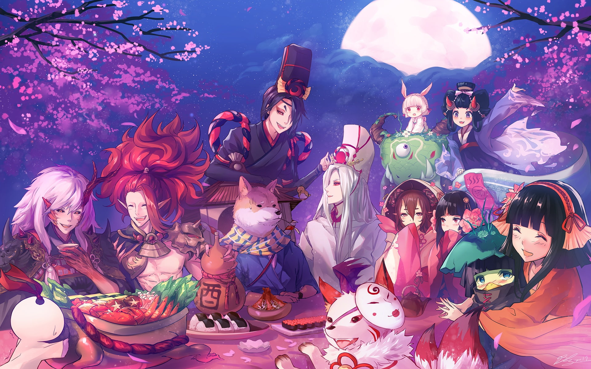 236384, flowers, long, headband, red, loli, fox, clouds, onmyouji, eyes, konachan, petals, hug, braids, blush, dog, male, sky, hair, food, 1080P, signed, HD Wallpaper