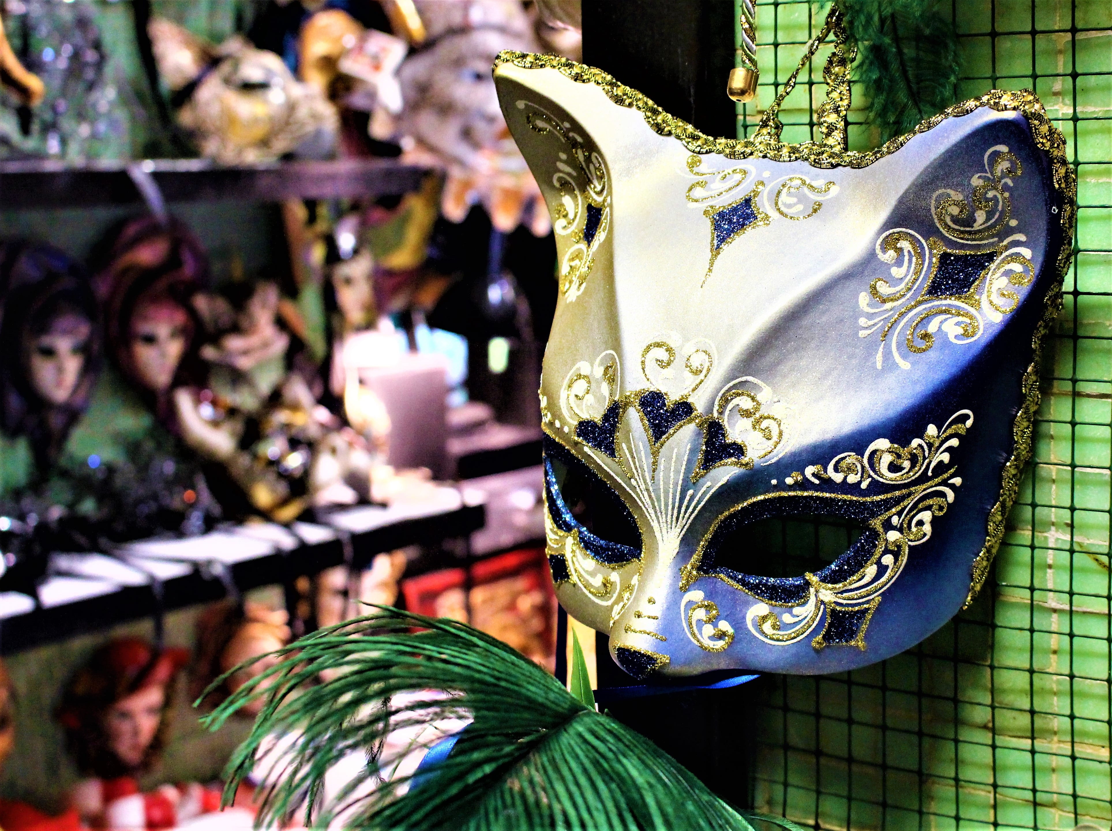 cat, blue, arts culture and entertainment, gold, eye, trip, no people, tradition, day, romantically, party, mask, masquerade, art and craft, events, collections, HD Wallpaper