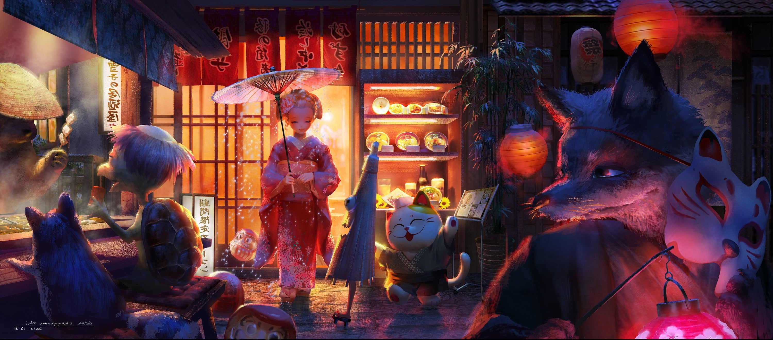 original characters animals mask kimono umbrella lantern food fox turtle, illuminated, art and craft, city, representation, religion, architecture, sculpture, HD Wallpaper