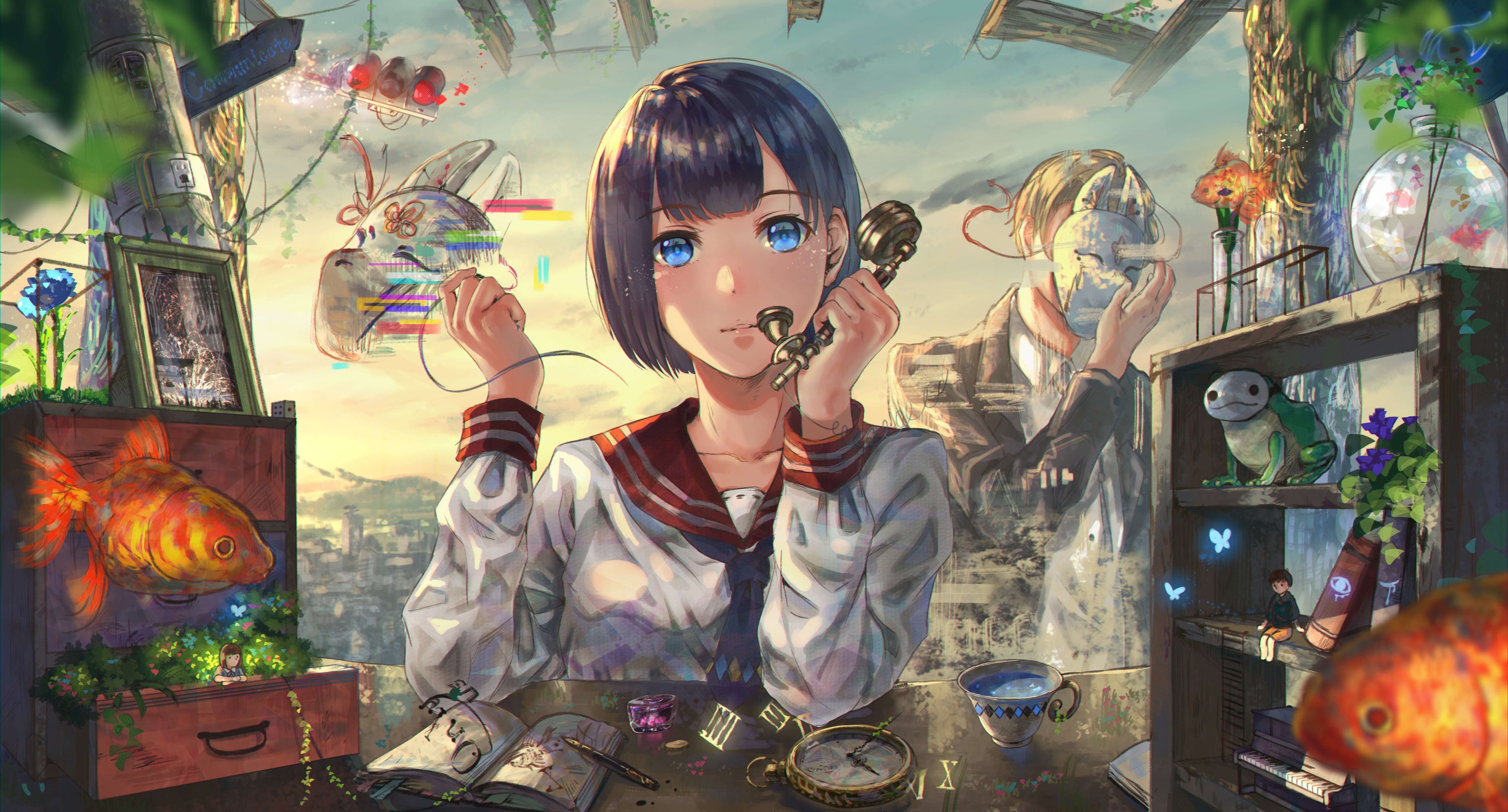 clouds, blue eyes, tuxedo, fox mask, petals, frog, books, city, glitch art, pen, tea party, sky, fish, traffic lights, blue hair, sailor uniform, 5K, flowers, HD Wallpaper