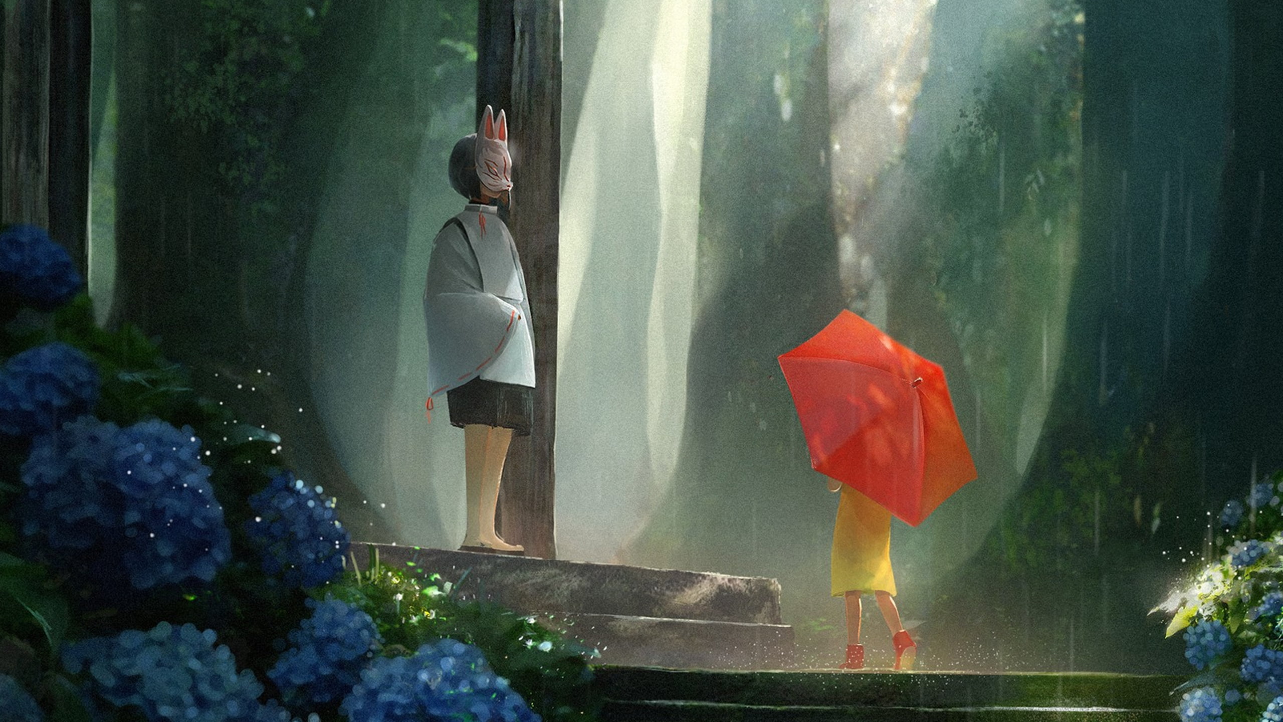 fox mask, umbrella, grass, short hair, flowers, forest, dark hair, 2K, rain, anime girls, anime, HD Wallpaper