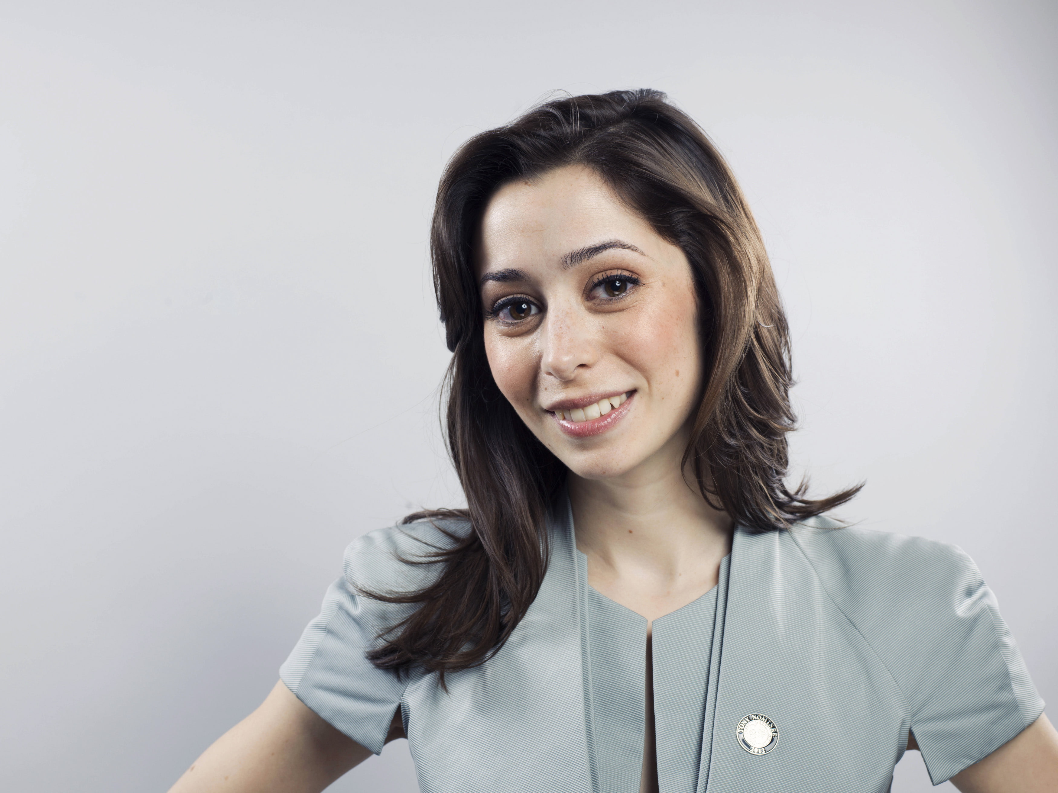 one person, gray background, happiness, lifestyles, emotion, gray, headshot, Cristin Milioti, young adult, hairstyle, brunette, actress, front view, portrait, HD Wallpaper