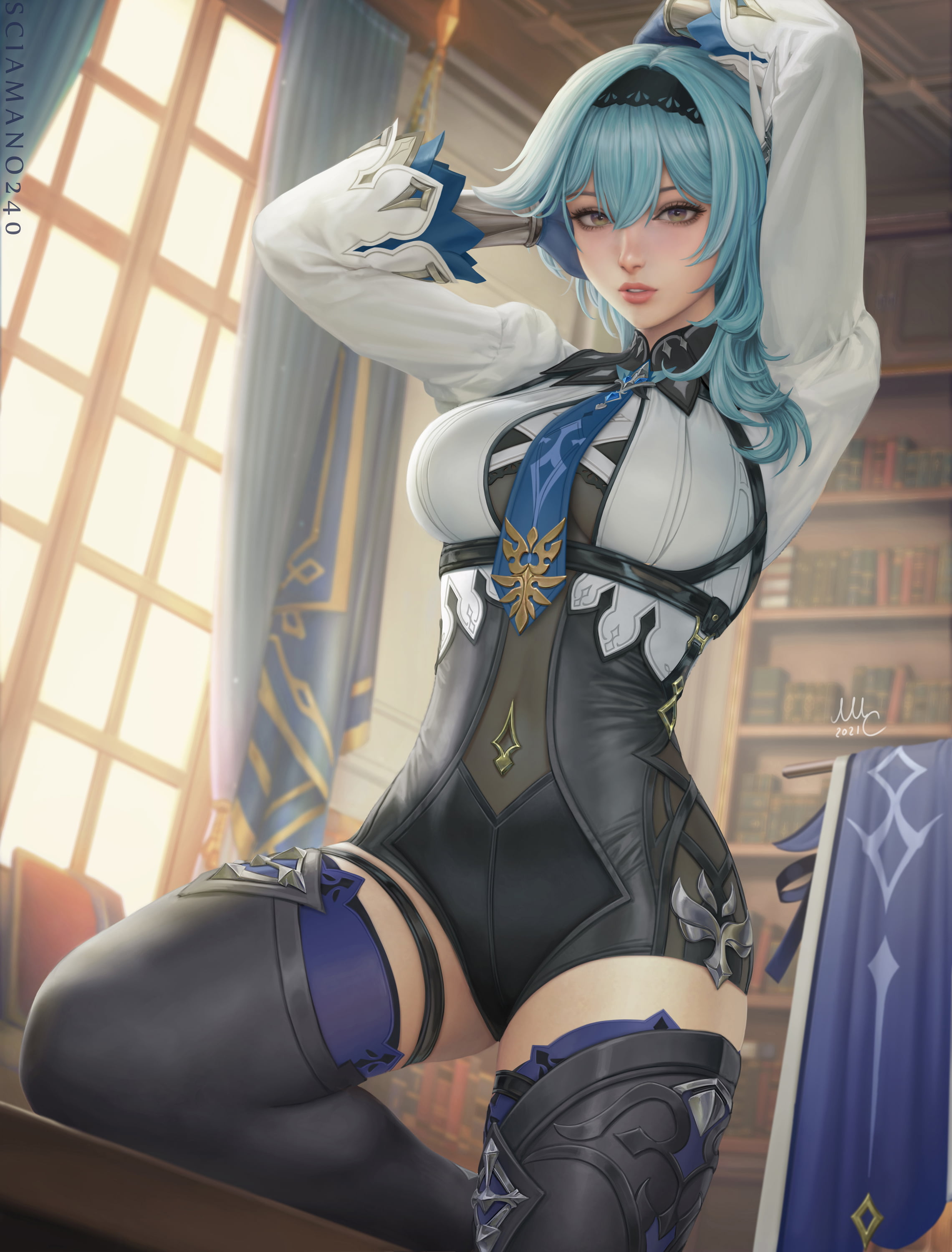 Genshin Impact, video game art, women, 2K, Eula (Genshin Impact), tie, arms up, drawing, digital art, illustration, fantasy girl, anime, fan art, long hair, Phone HD Wallpaper