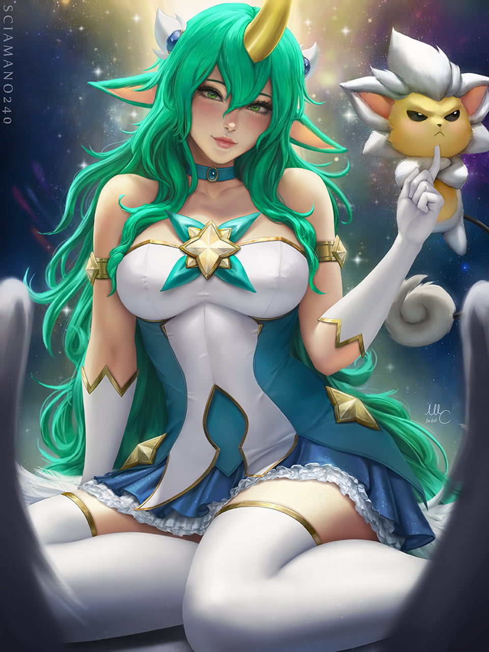 horns, thigh-highs, League of Legends, wavy hair, green hair, drawing, stars, Sciamano240, Soraka (League of Legends), green eyes, animals, choker, 720P, Phone HD Wallpaper