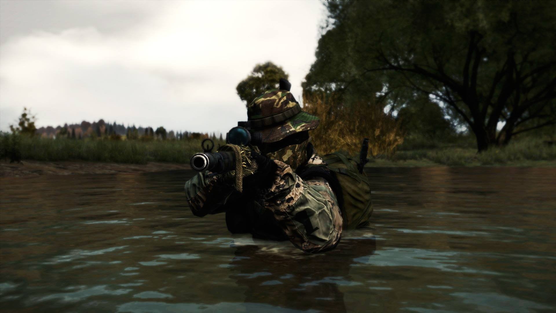 cover, outdoors, plant, gun, uniform, shooting, rear view, full length, lake, nature, tree, one person, security, adult, DayZ, person, army soldier, first, HD Wallpaper