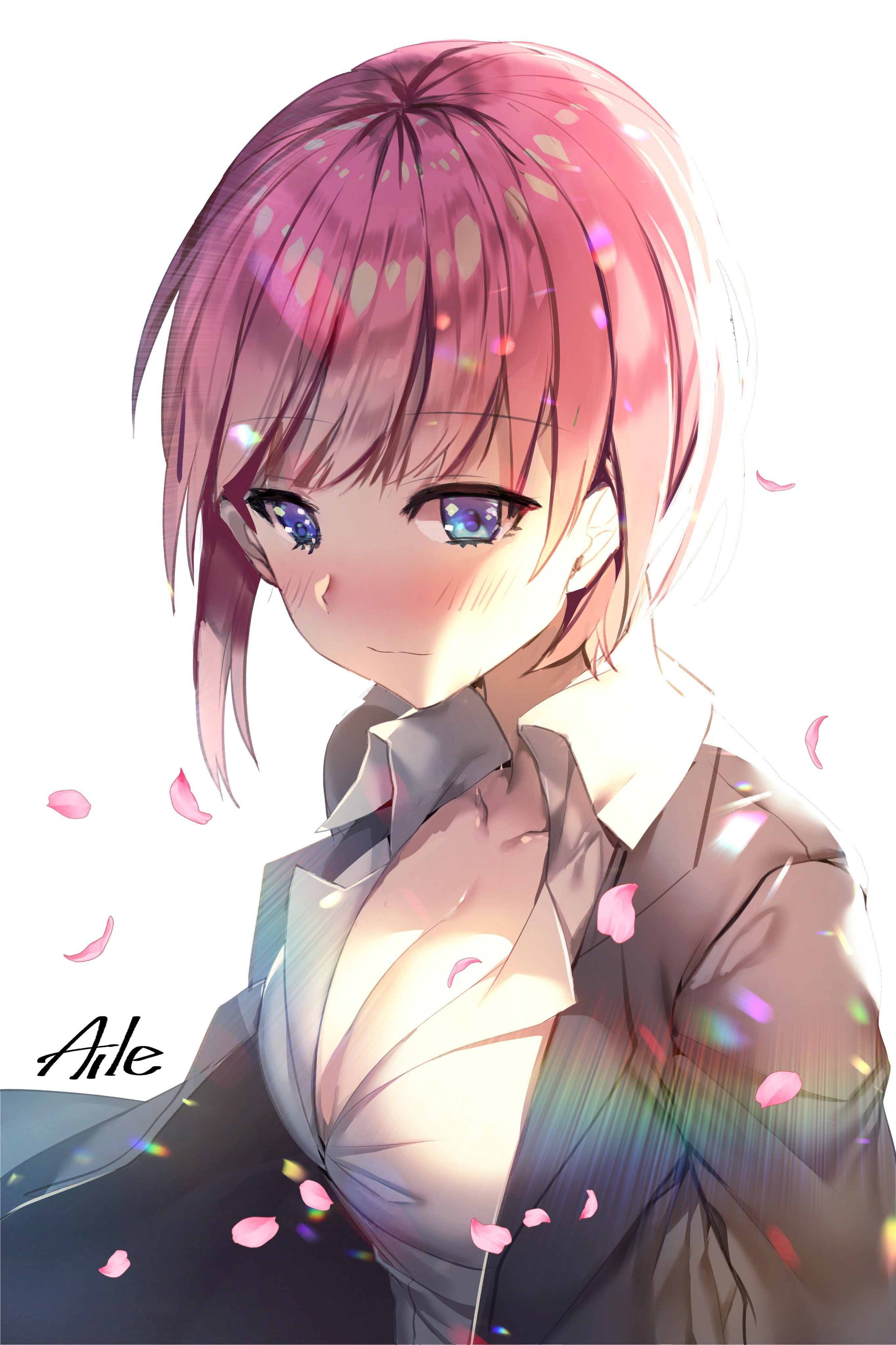 portrait display, 5-toubun no Hanayome, Nakano, artwork, pink hair, Ichika, blue eyes, digital art, shirt, short hair, anime, anime girls, simple background, Phone HD Wallpaper
