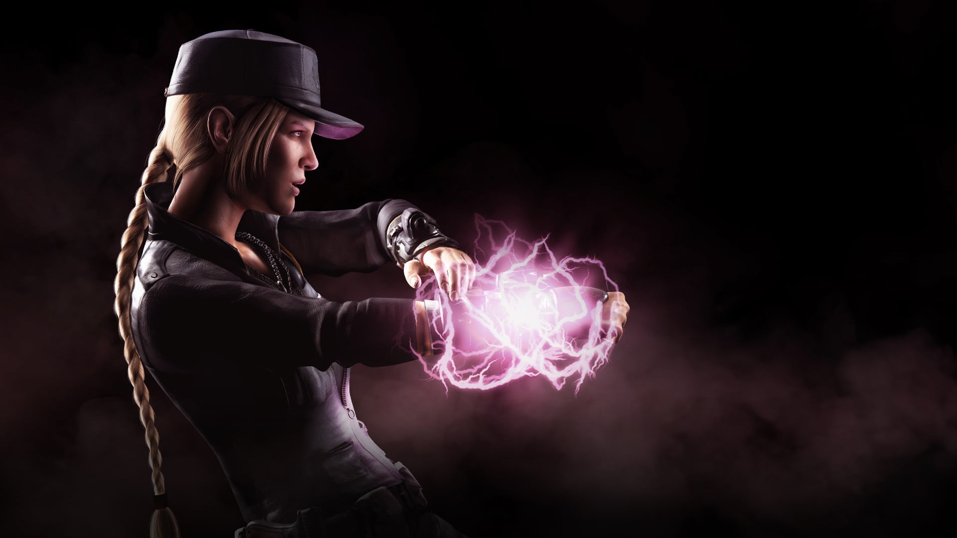 beautiful woman, dark, one person, Mortal Kombat X, black, glowing, indoors, women, smoke - physical structure, Sonya Blade, young adult, holding, hat, HD Wallpaper