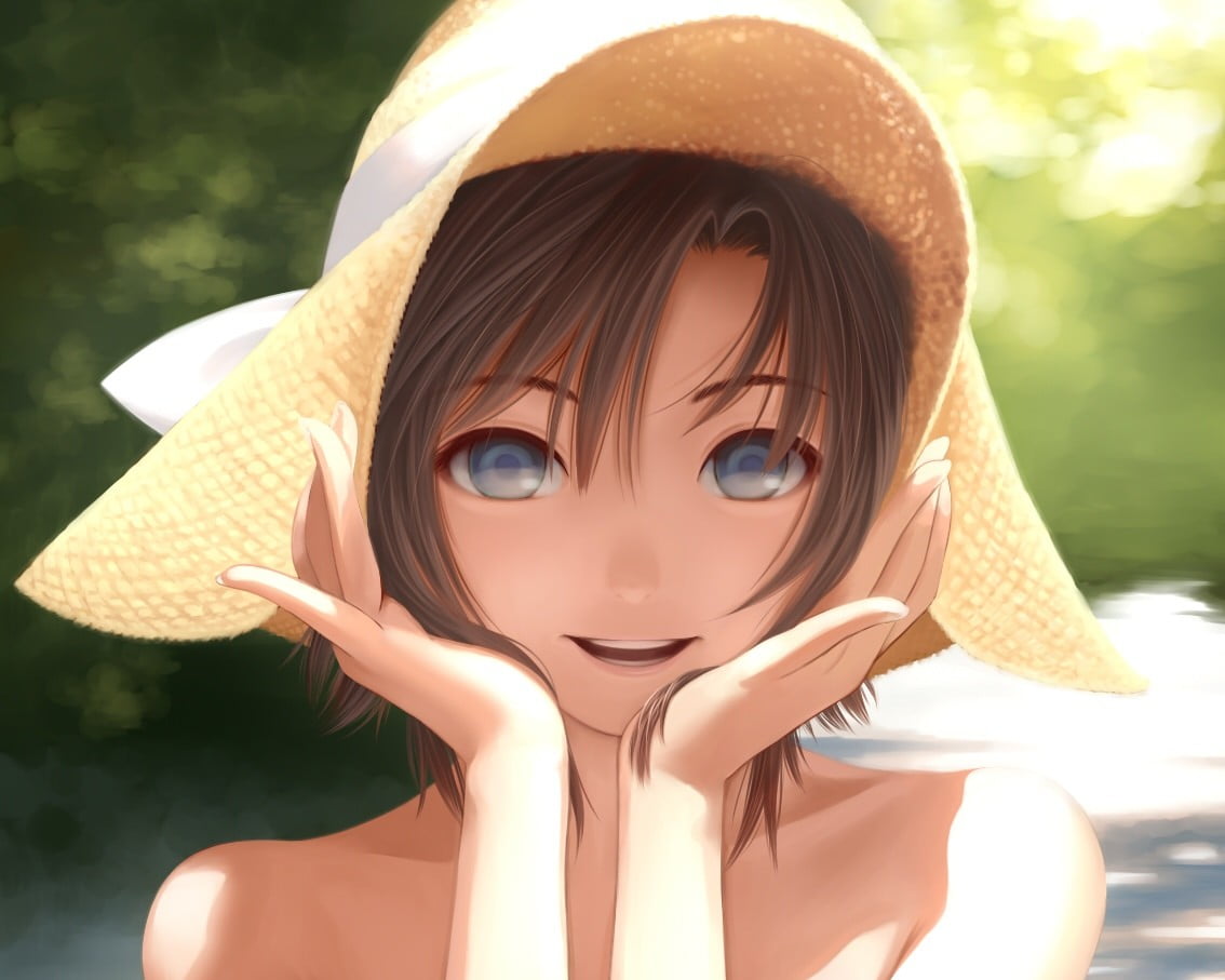 480P, human face, blue eyes, portrait, girl, one person, front view, dark hair, beautiful woman, beauty, adult, day, outdoors, young adult, hat, sunlight, HD Wallpaper