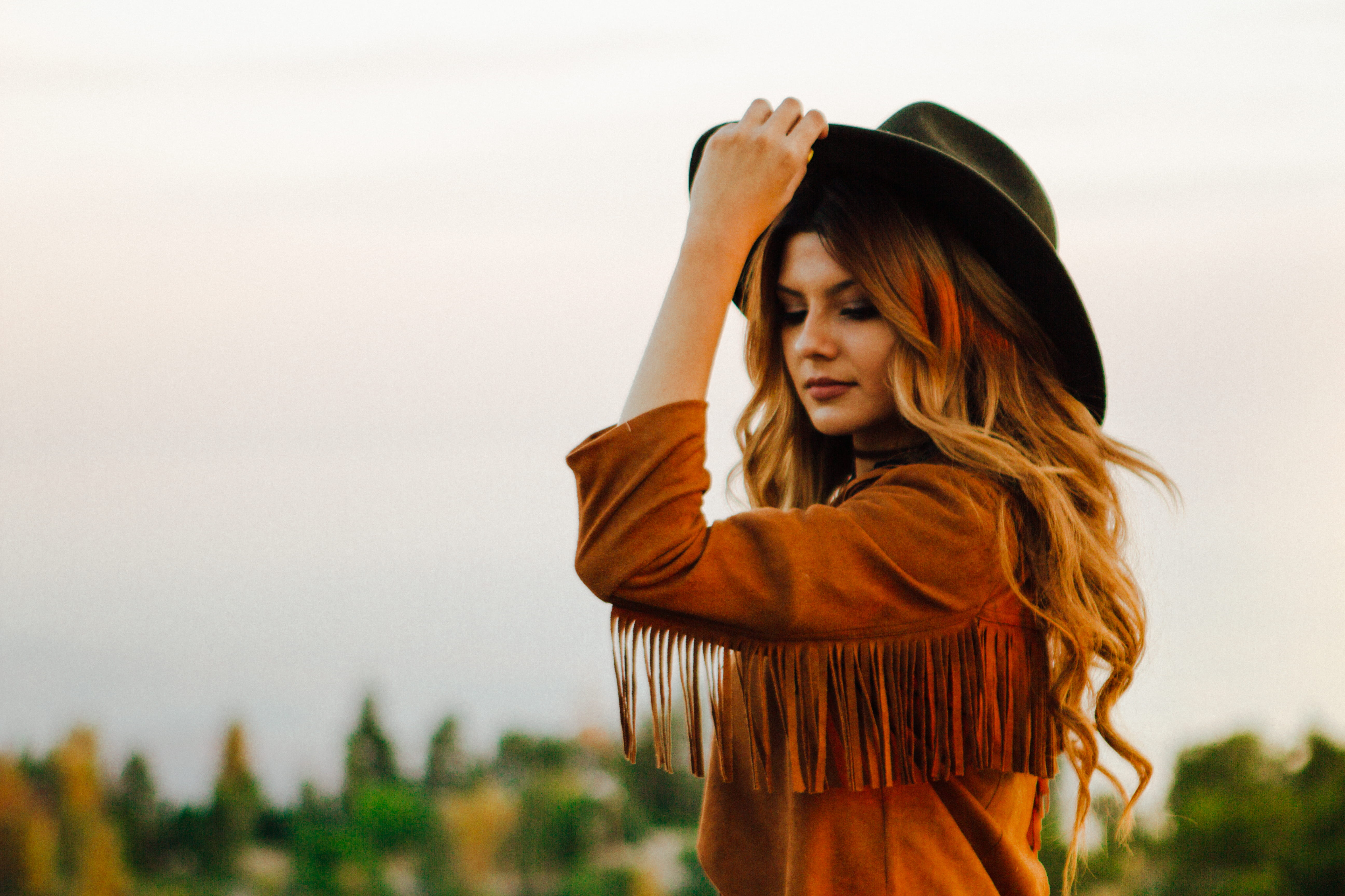hair, portrait, 5K, hat, brim, contemplation, long hair, adult, beauty, wearing, fringe, young adult, jacket, beautiful people, one person, woman, beautiful woman, HD Wallpaper