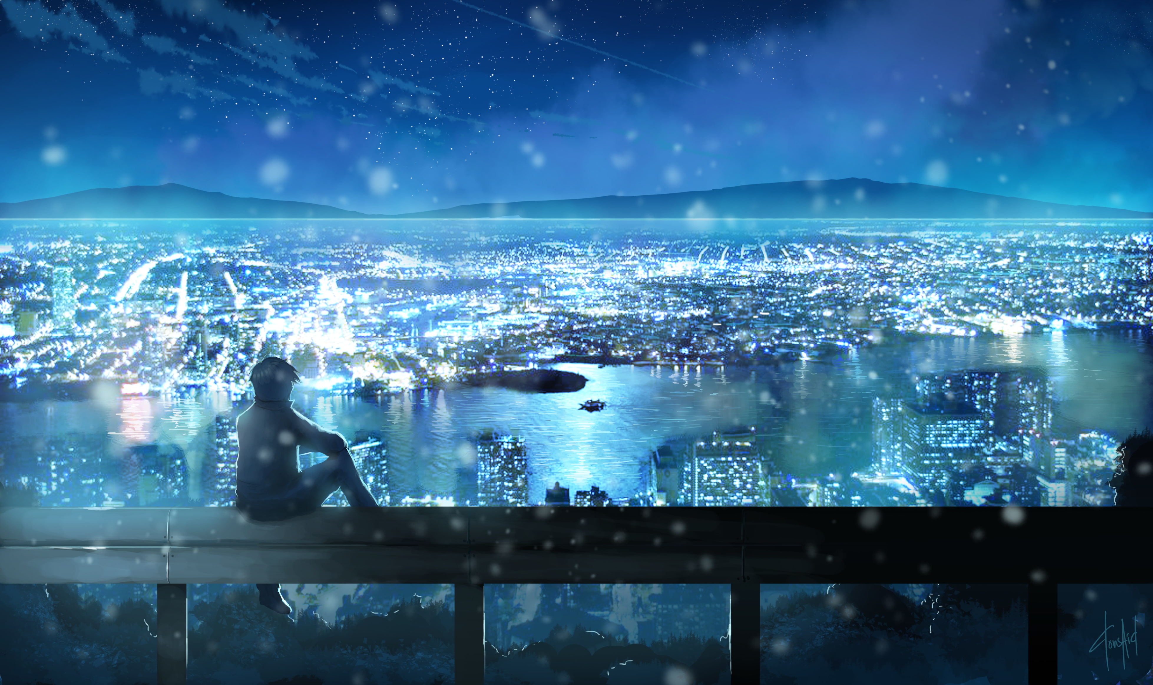 digital, nature, blue, building Exterior, sky, men, the city, night, clouds, lifestyles, sea, one person, railing, art, architecture, skyscraper, donsaid, HD Wallpaper