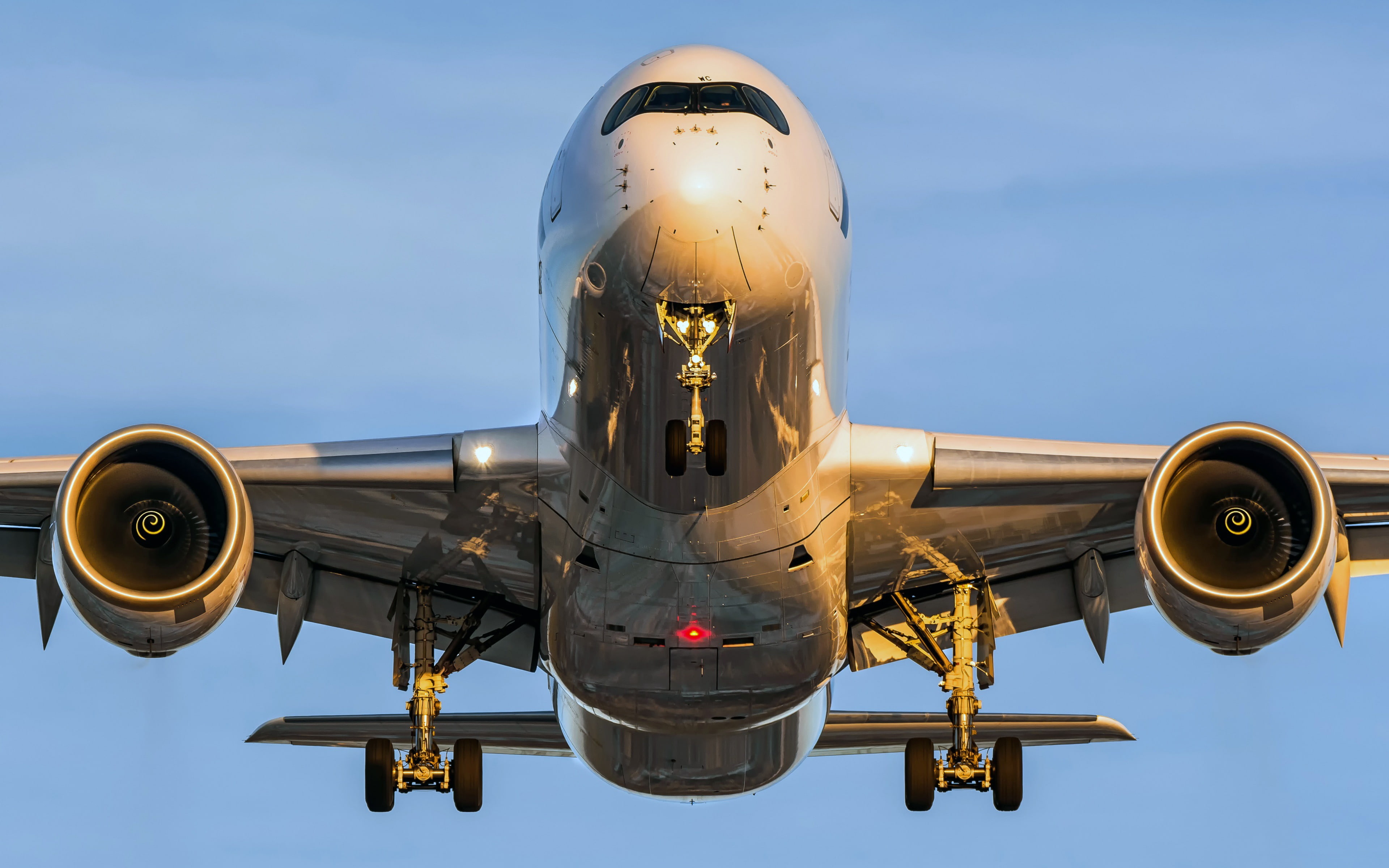 4K, air vehicle, gold colored, aviation, airplane, low angle view, aerospace industry, no people, transportation, flying, cloud - sky, blue, on the move, HD Wallpaper