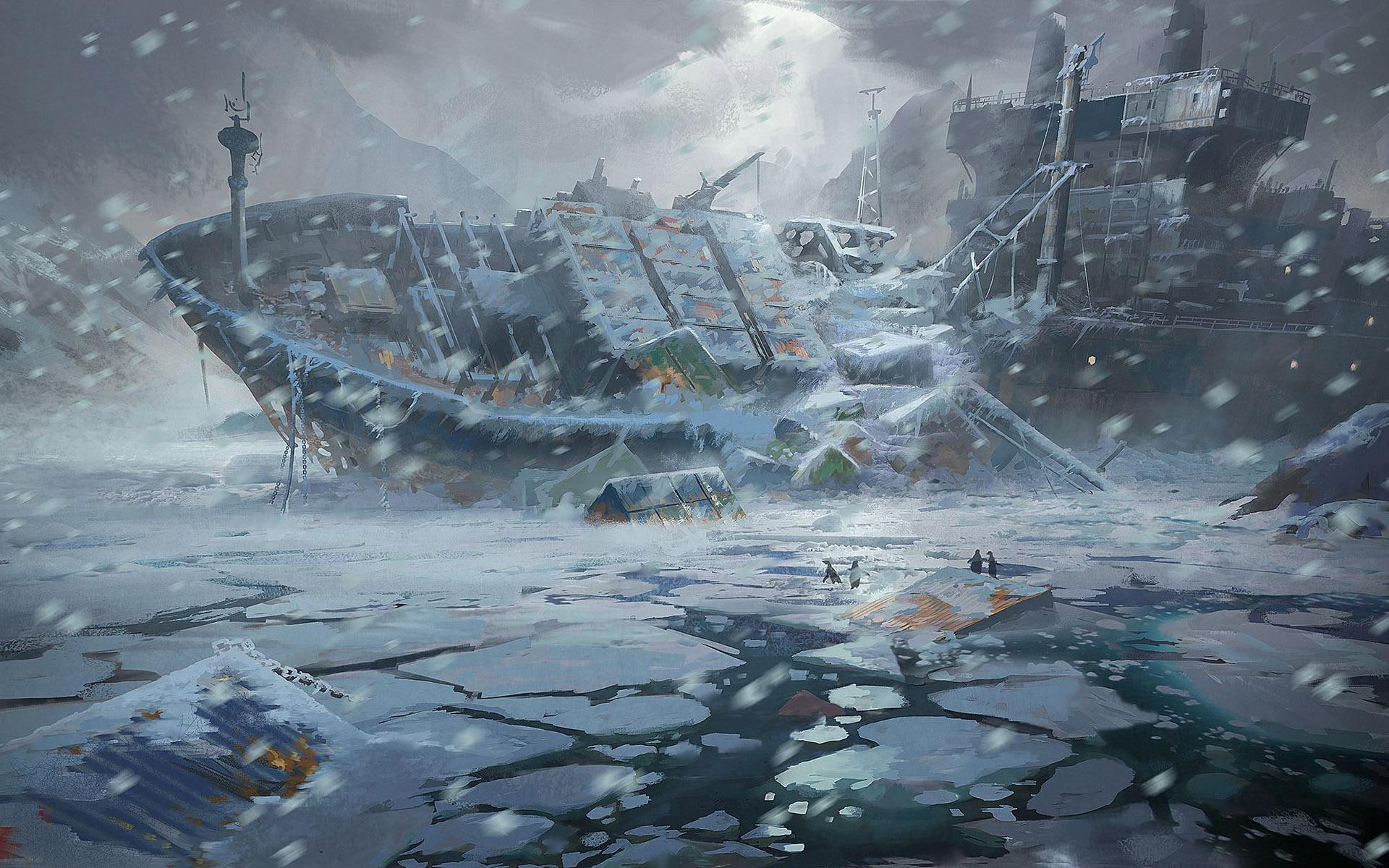 1080P, commercial, boat, wreck, sea, ice, 1920x1200, cargo, fantasy, ocean, frozen, sinking, winter, ship, snow, HD Wallpaper