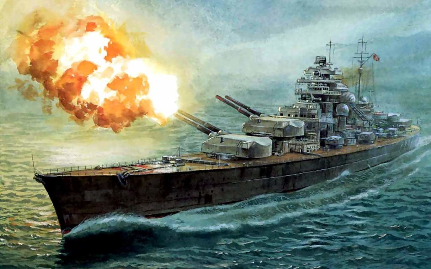 Warships, pollution, German battleship Bismarck, fire - natural phenomenon, sea, burning, smoke - physical structure, painting, accidents and disasters, HD Wallpaper