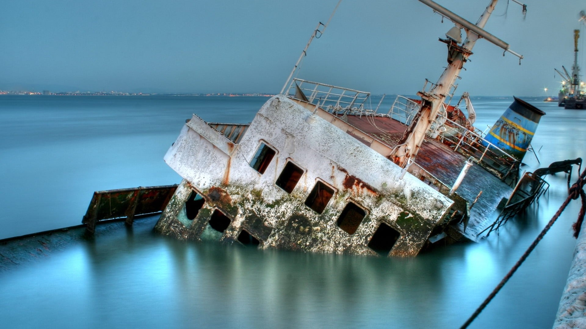 nature, water, building, damaged, reflection, shipwreck, ruined, wreck, clear sky, long exposure, sky, nautical vessel, concrete, built structure, sinking, HD Wallpaper